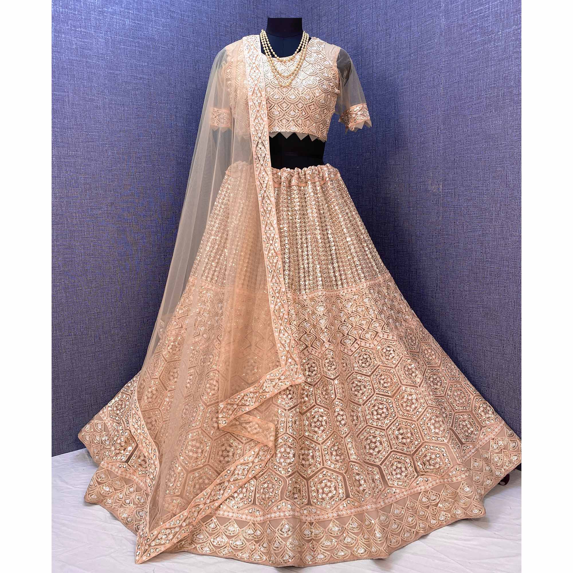 Brown Sequins Embroidered Netted Lehenga Choli