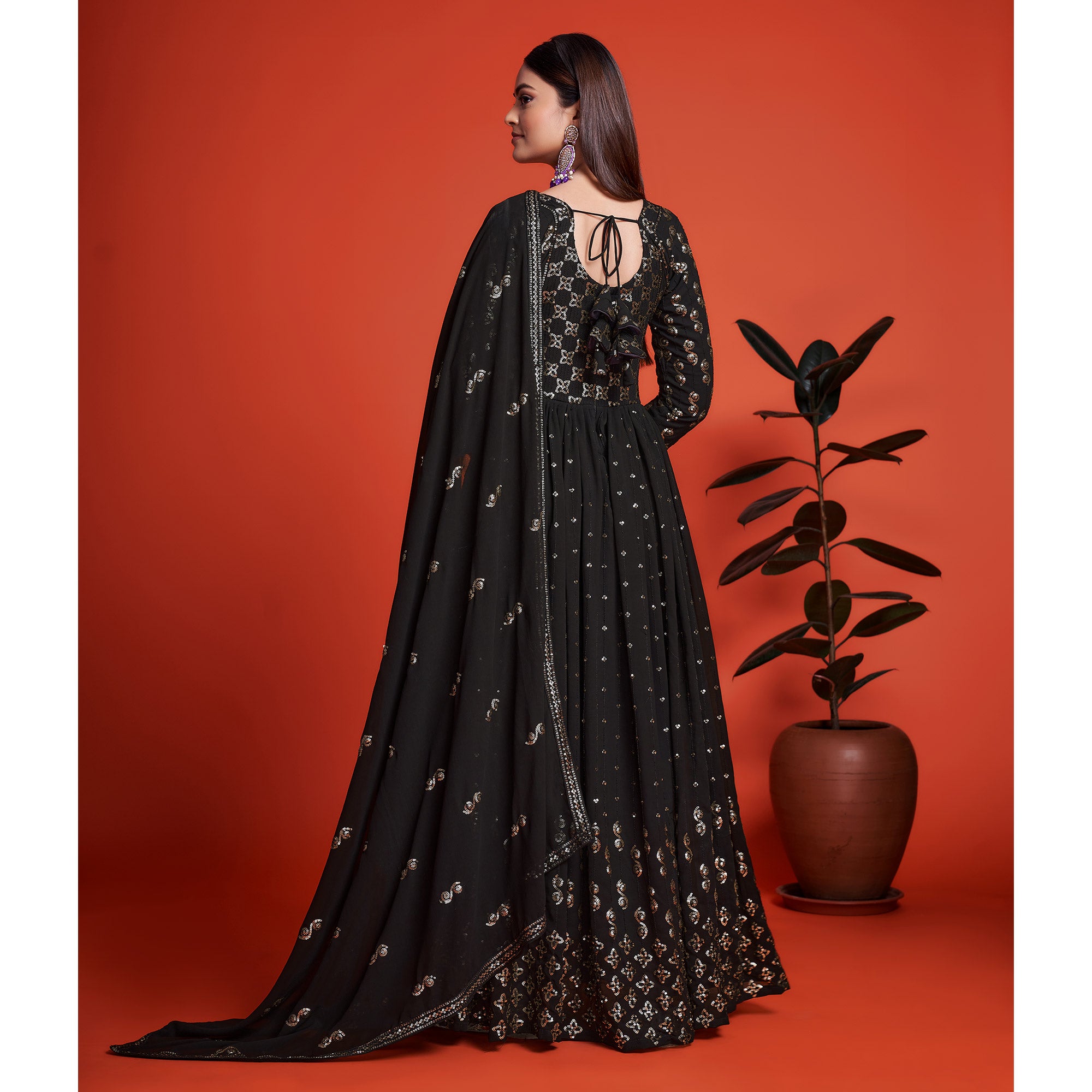 Black Sequins Embroidered Georgette Gown With Dupatta