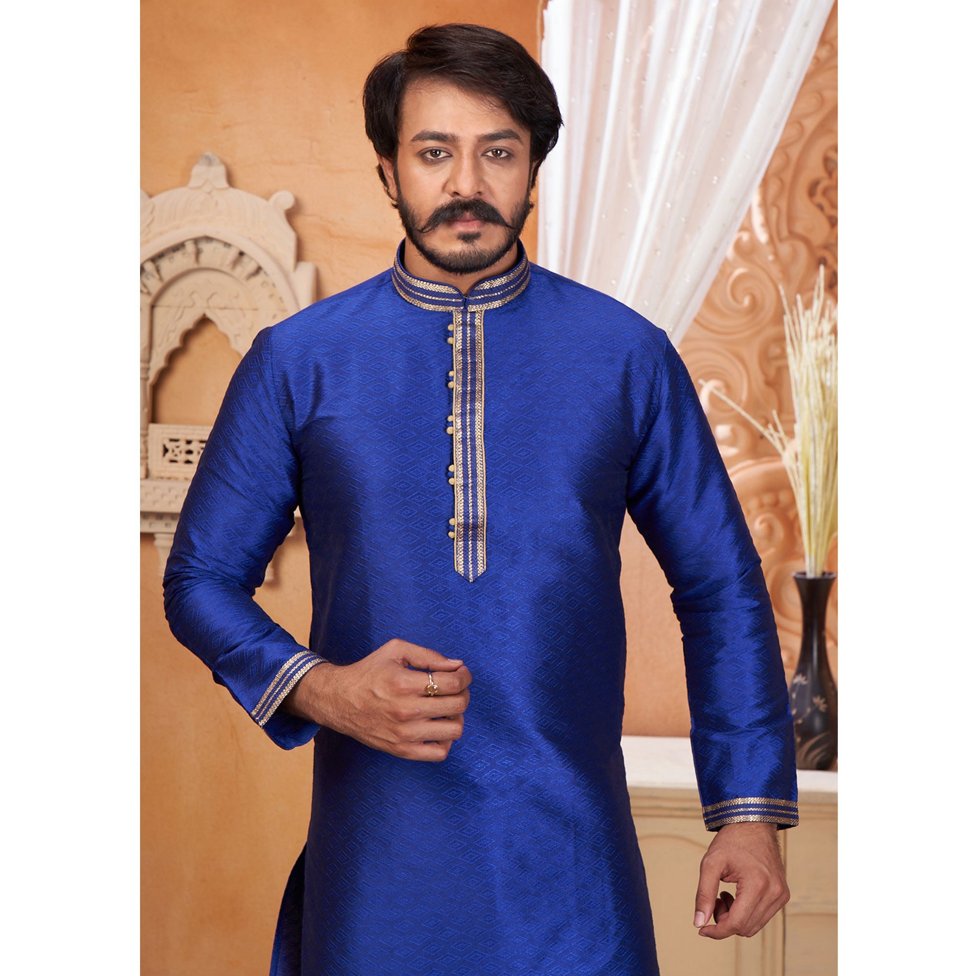Blue Embroidered Jacquard Kurta Pyjama Set