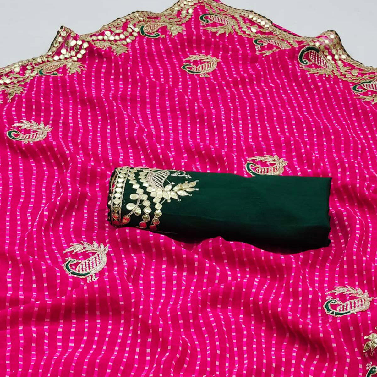Pink Printed With Gota Work Georgette Saree