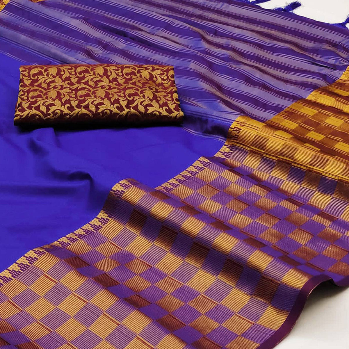 Royal Blue Woven Cotton Silk Saree With Tassels