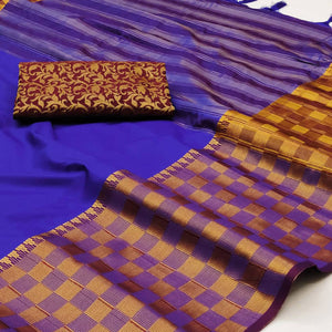 Royal Blue Woven Cotton Silk Saree With Tassels