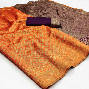 Orange Floral Woven Jacquard Saree