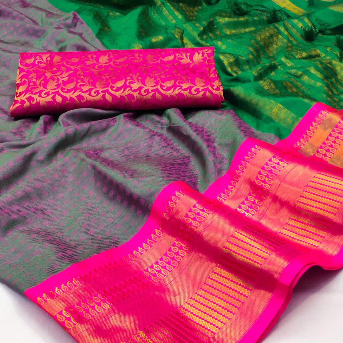 Green Woven Cotton Silk Saree With Tassels