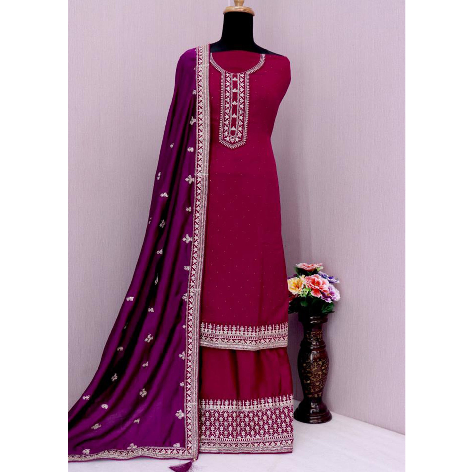 Magenta Purple  Embroidered Georgette Semi Stitched Palazzo Suit