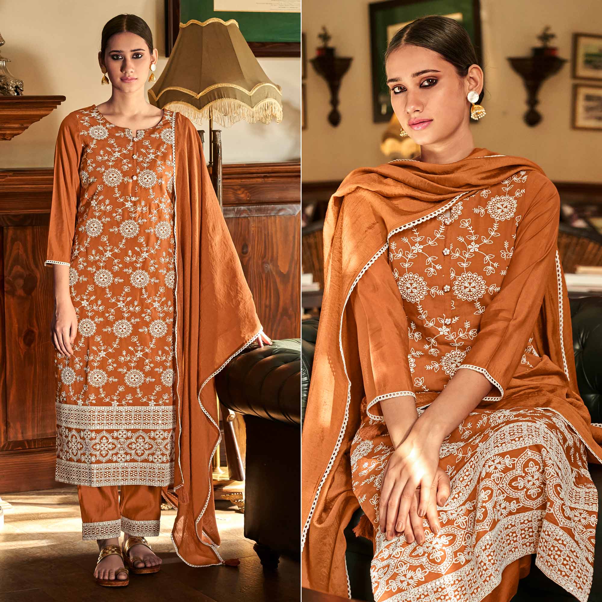 Rust Lucknowi Embroidered Modal Salwar Suit