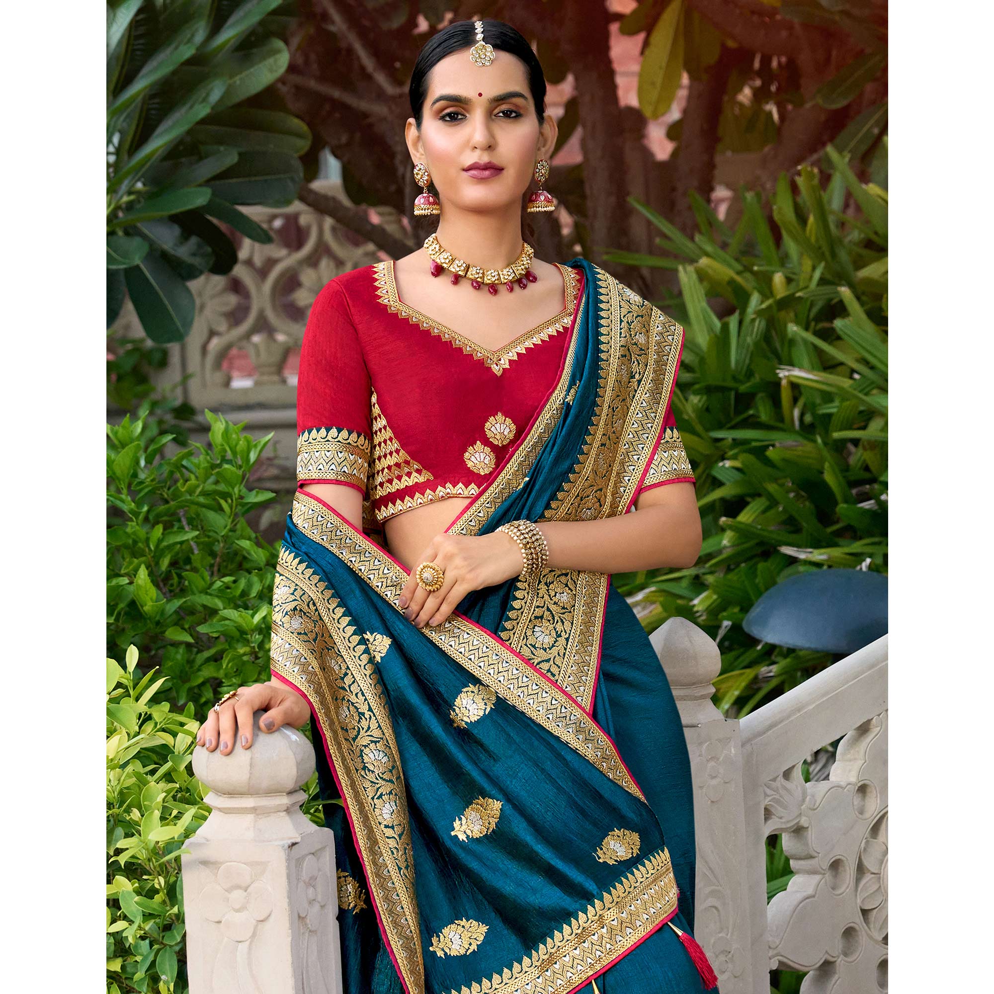 Teal Blue Embroidered Vichitra Silk Saree With With Tassels