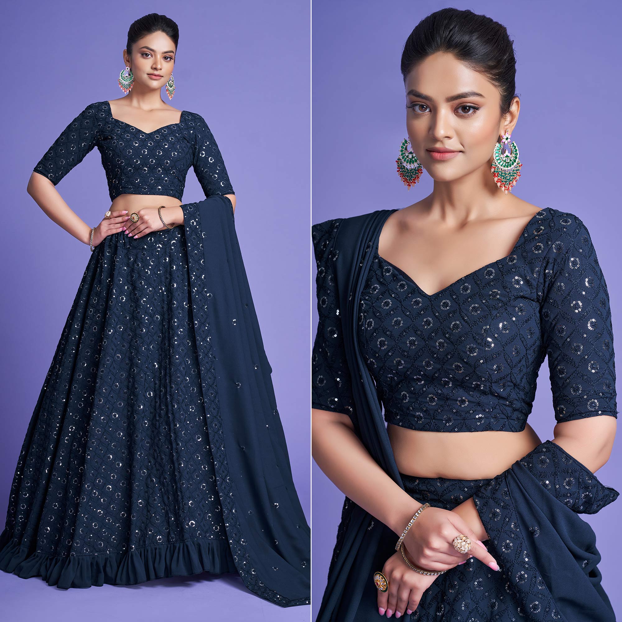 Teal Blue Sequins Embroidered Georgette Lehenga Choli