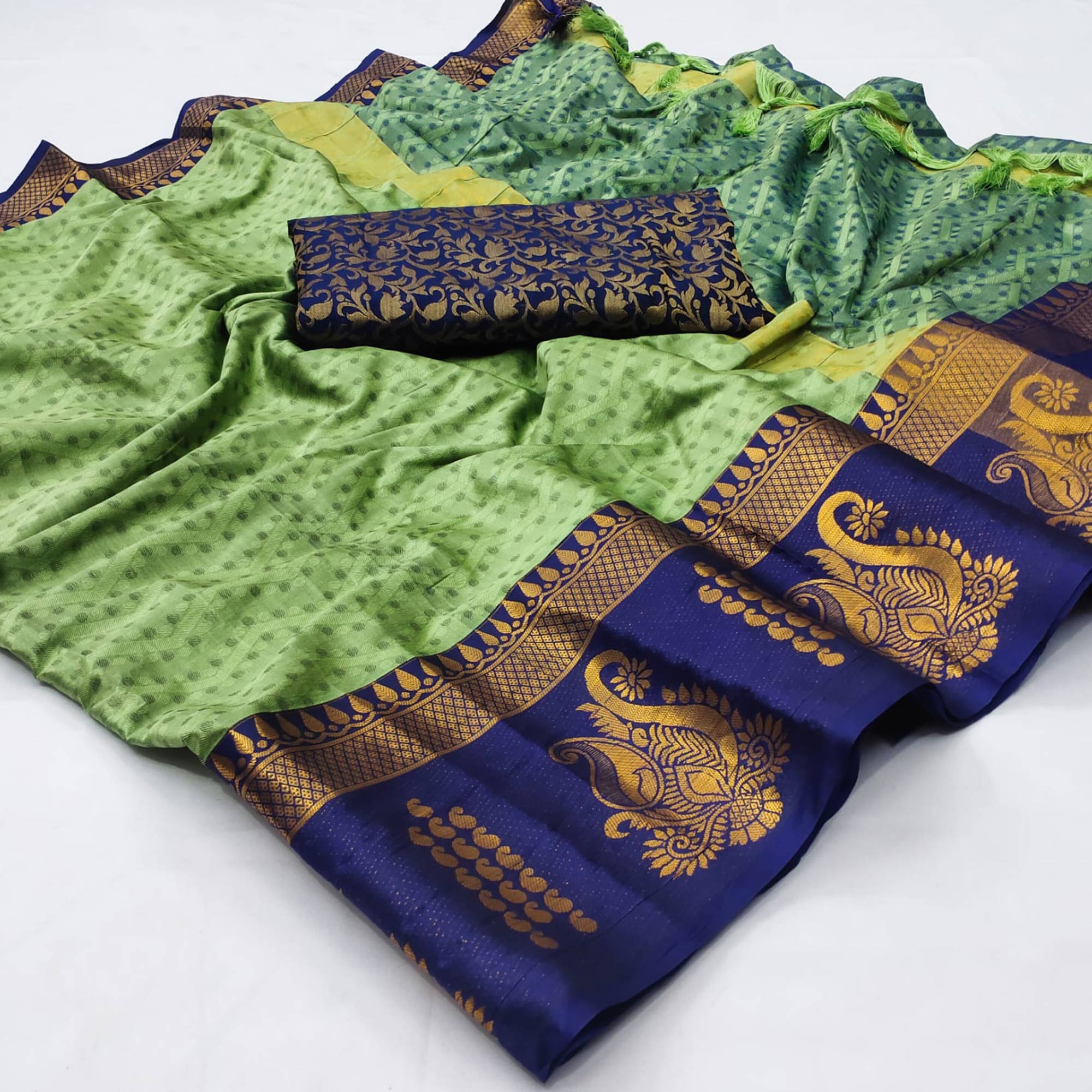 Pista Green Woven Cotton Silk Saree With Tassels