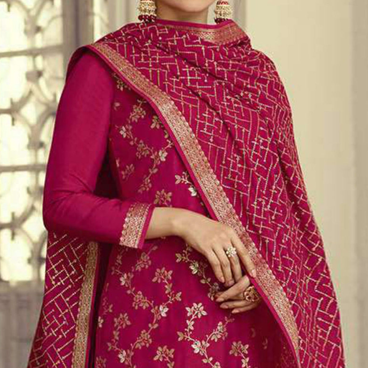 Rose Pink Embroidered Dola Silk Palazzo Suit
