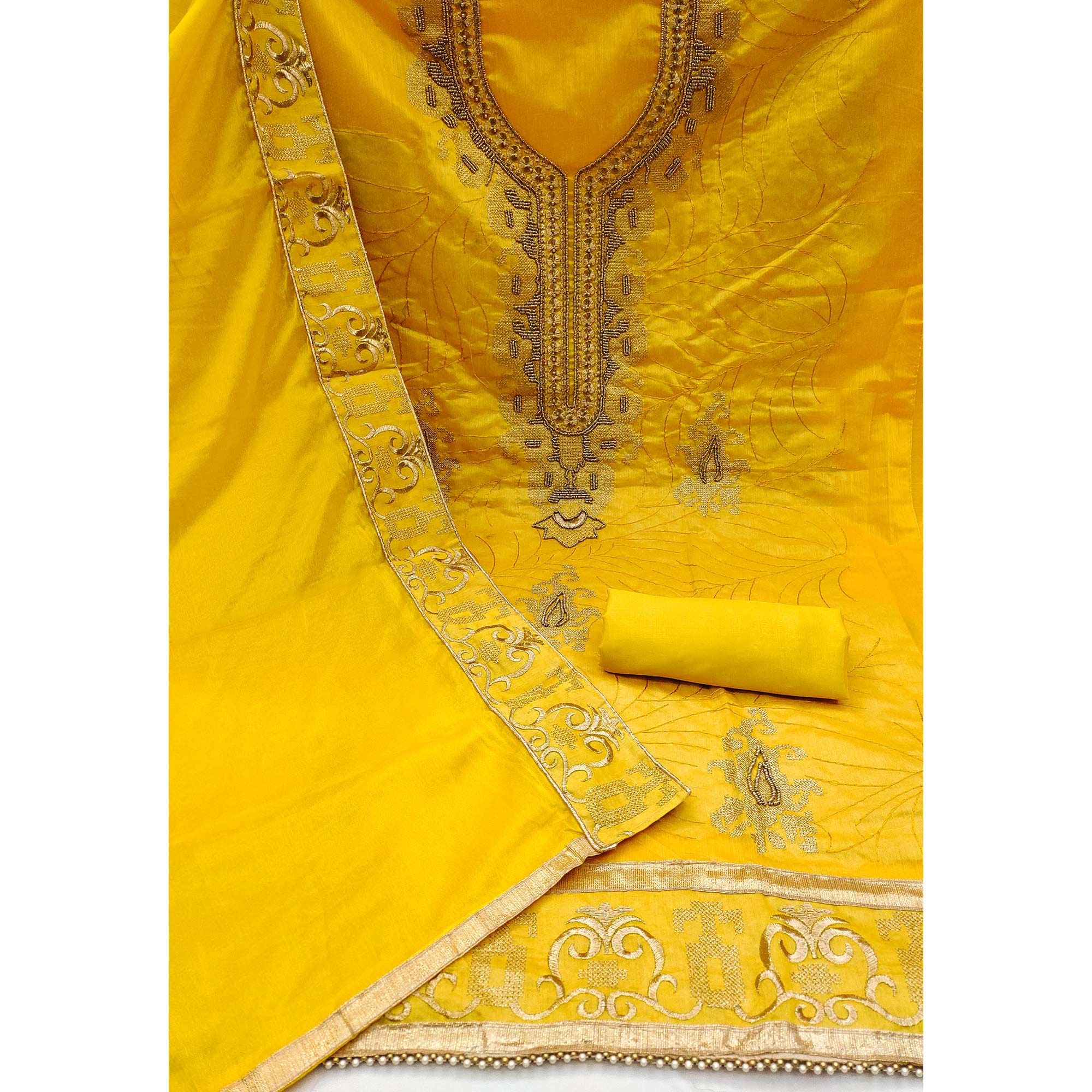 Yellow Handwork Embroidered Modal Dress Material