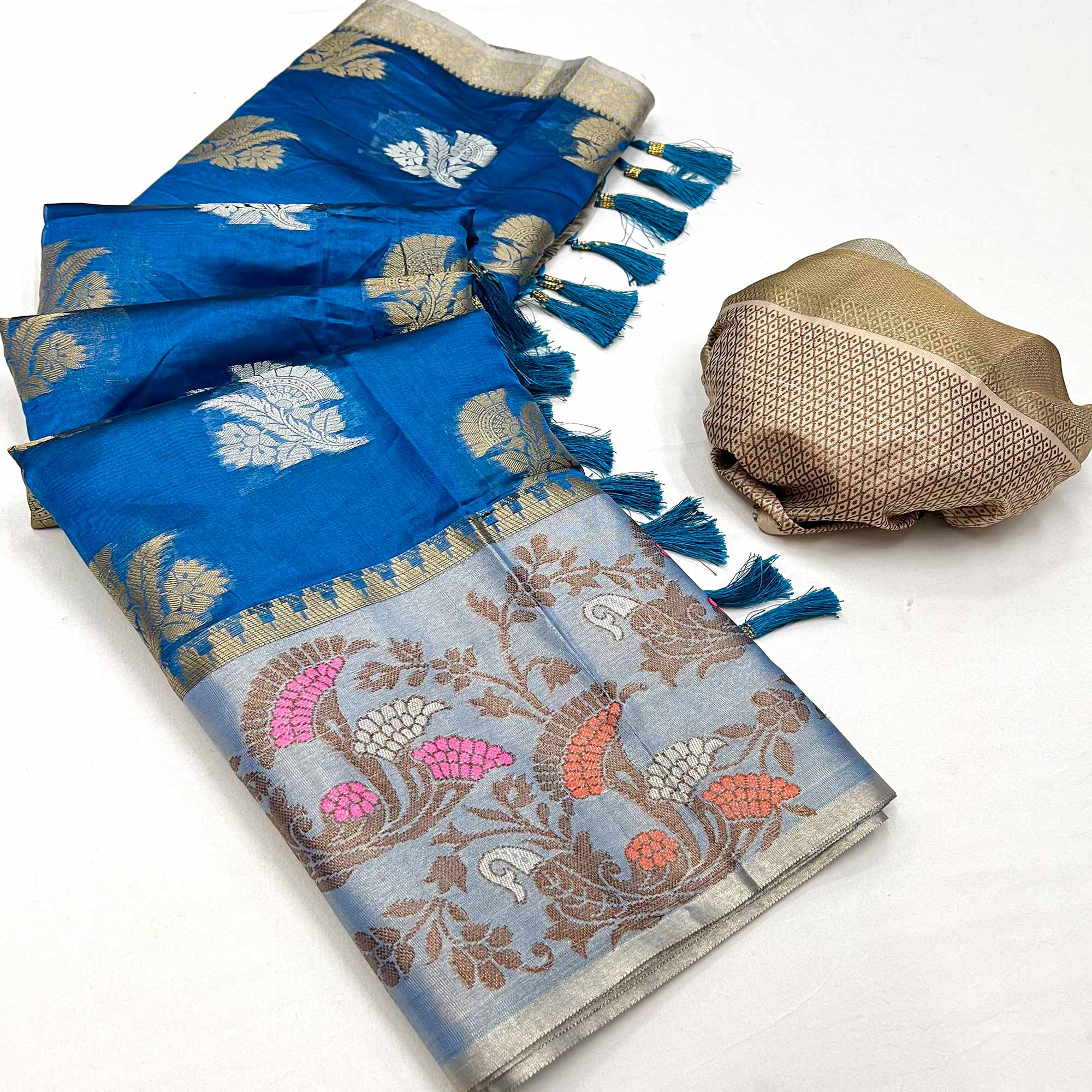 Blue Floral Woven Organza Saree With Tassels