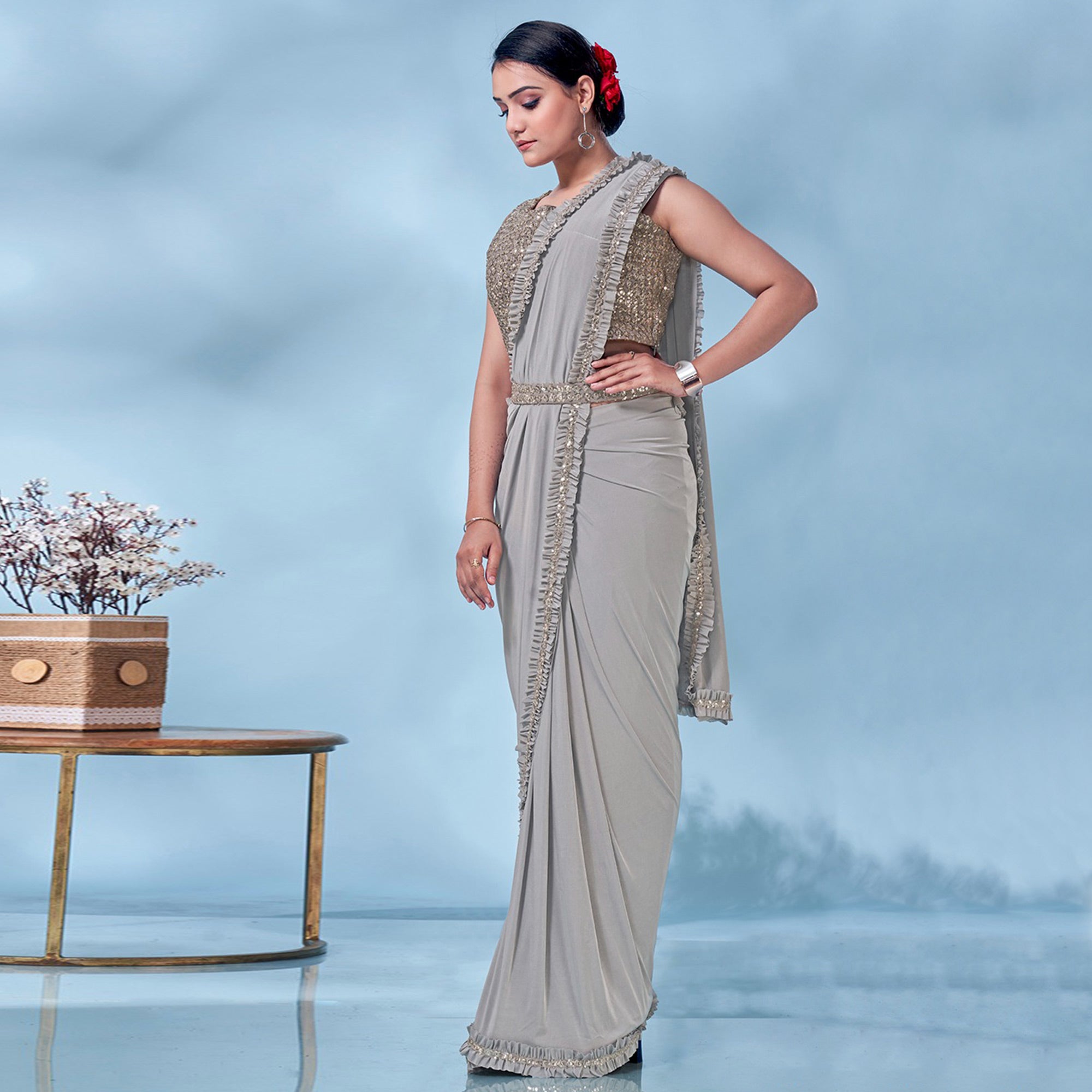 Grey Sequins Embroidered Ready to Wear Lycra Saree
