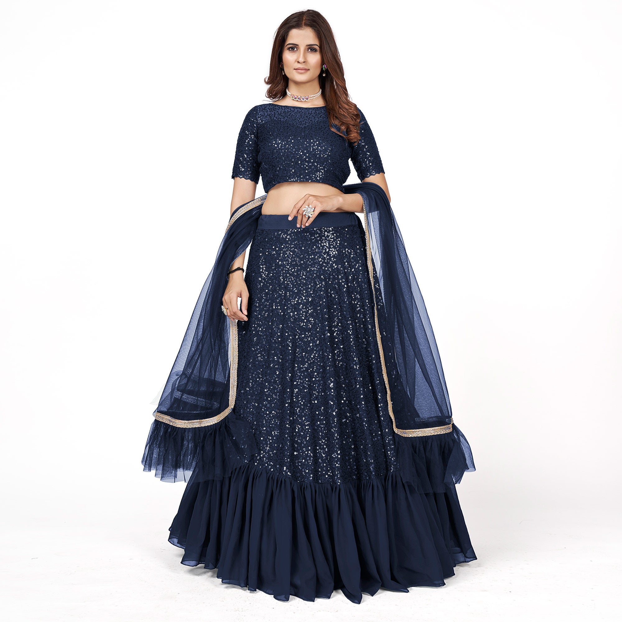 Dark Blue Sequins Embroidered Georgette Lehenga Choli