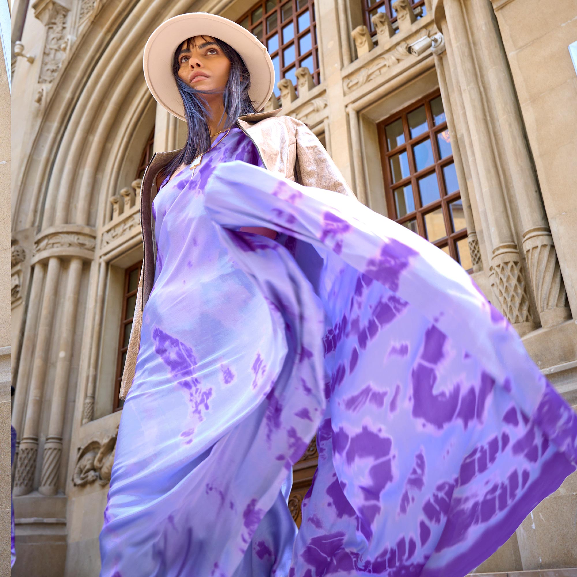 Lavender Printed Crepe Saree