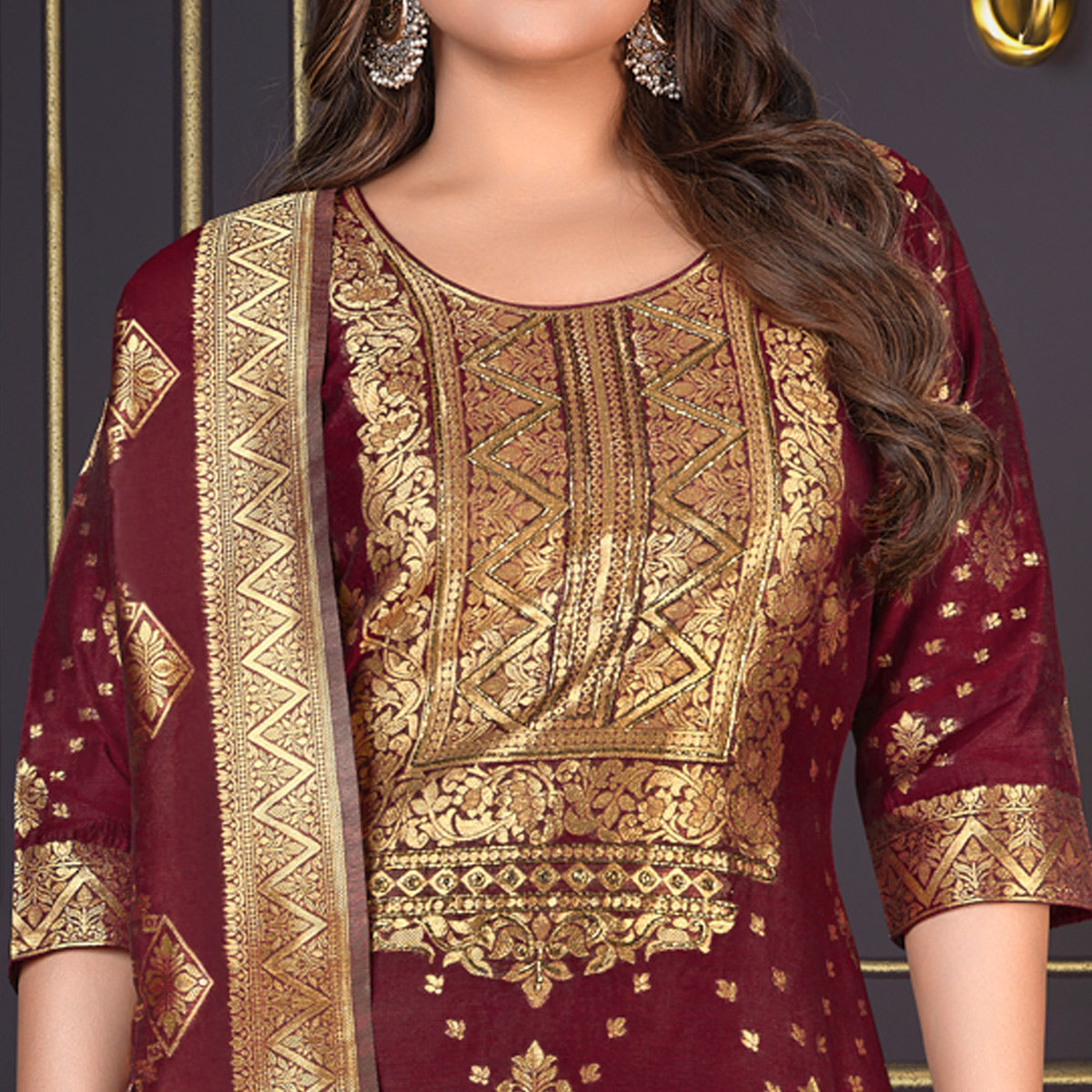 Maroon Woven Banarasi Silk Salwar Suit