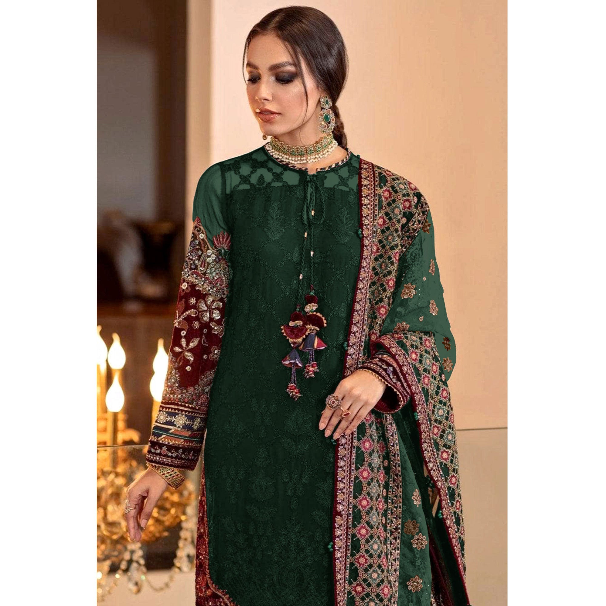 Green Sequins Embroidered Georgette Pakistani Suit