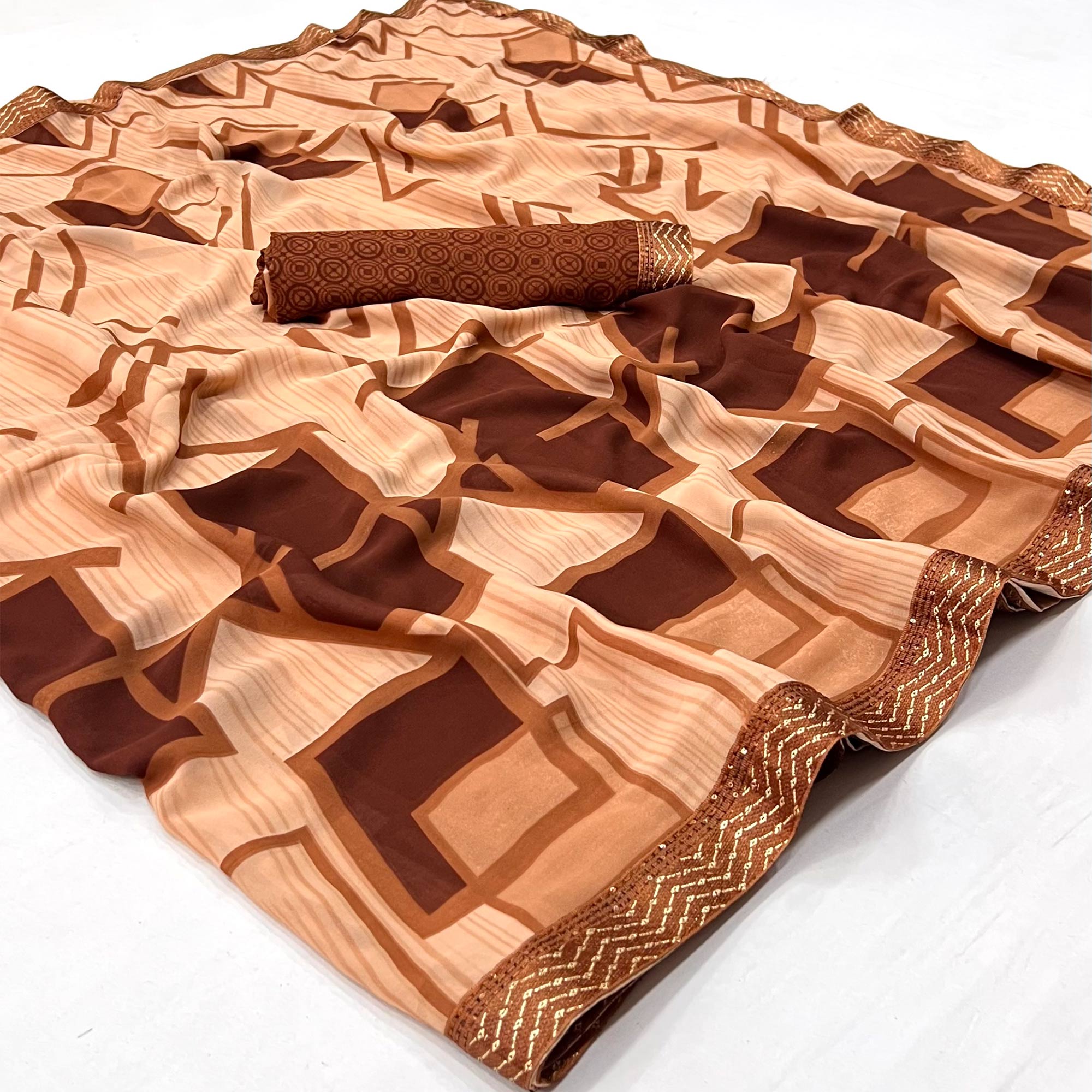 Peach Geometric Printed Georgette Saree