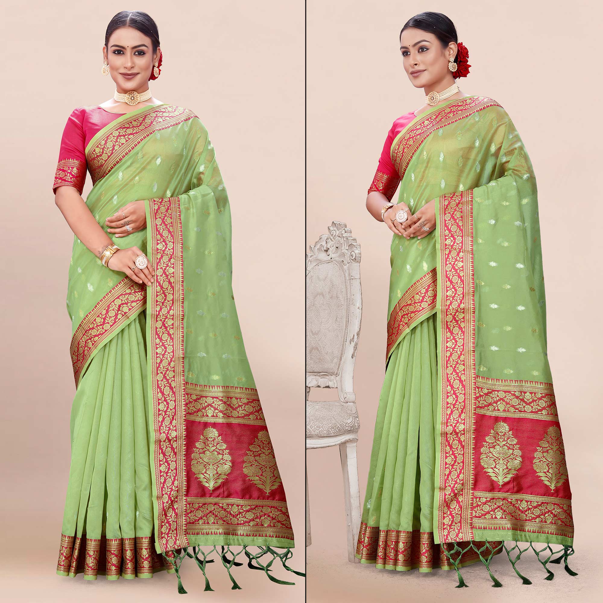 Pista Green Woven Organza Saree With Tassels