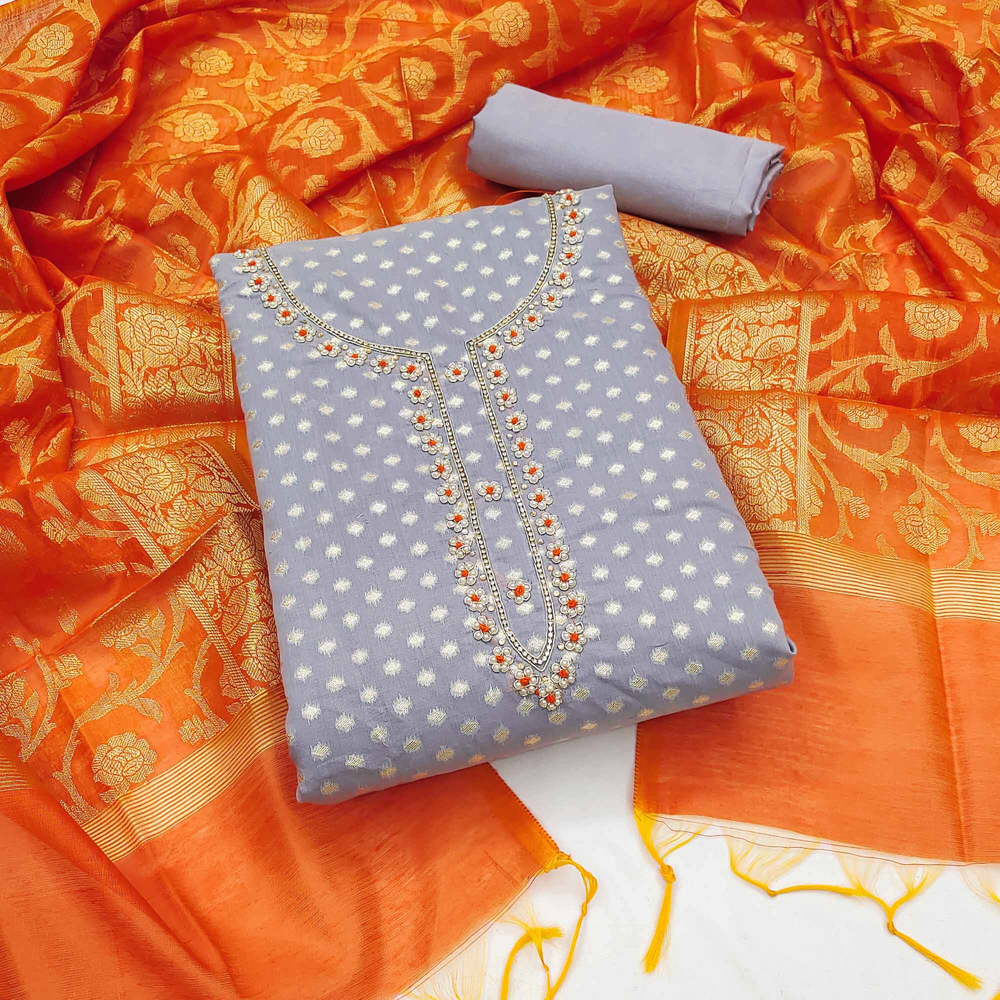 Grey Woven Banarasi Silk Dress Material