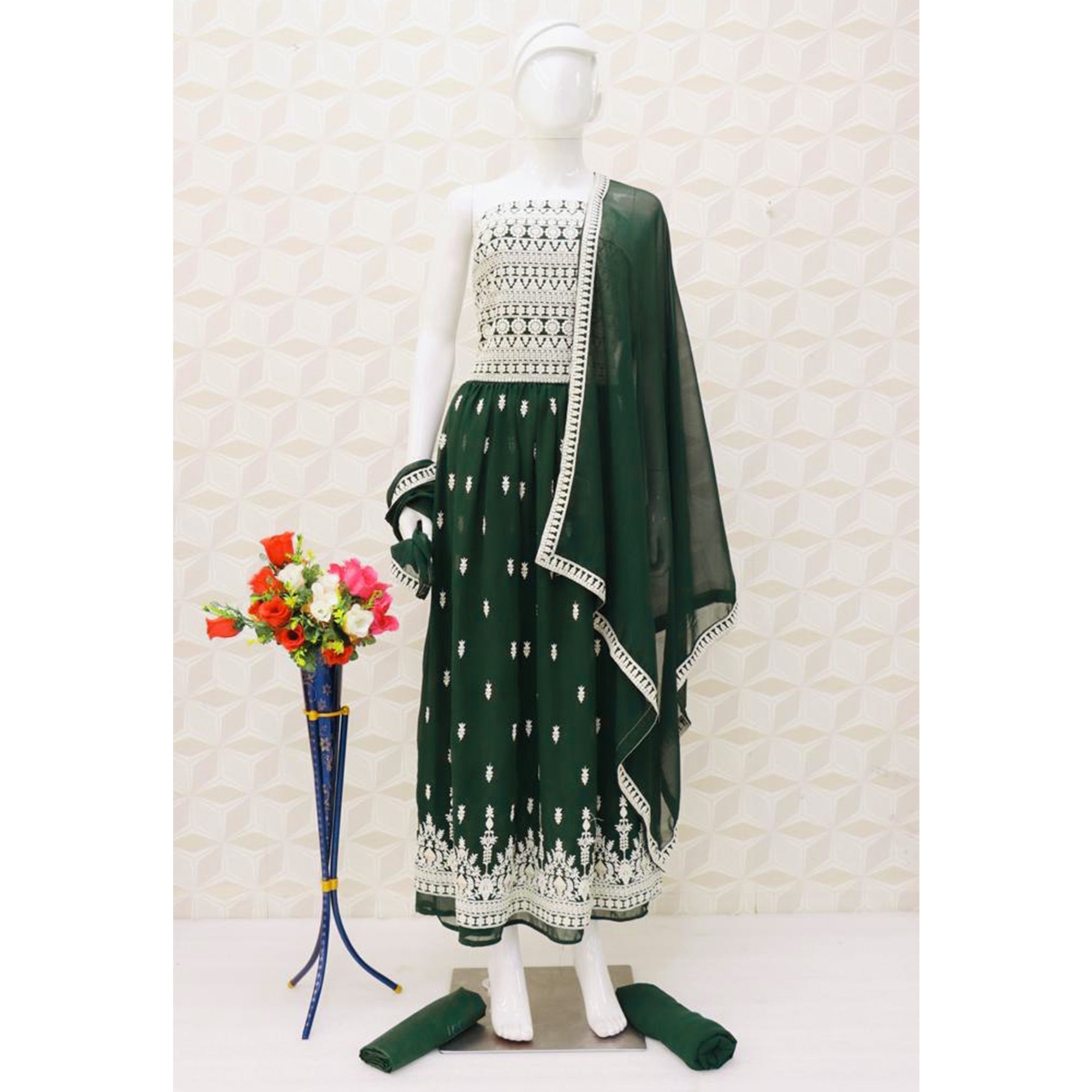 Green Embroidered Georgette Naira Cut Semi Stitched Palazzo Suit