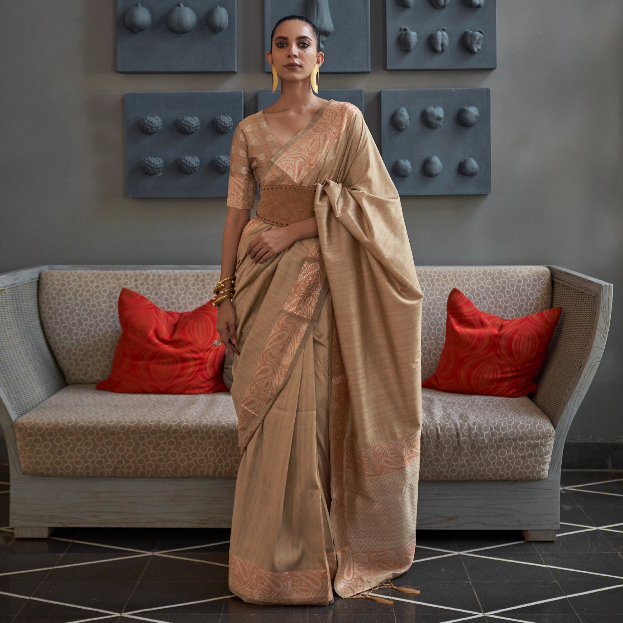 Beige Woven Tussar Silk Saree With Tassels