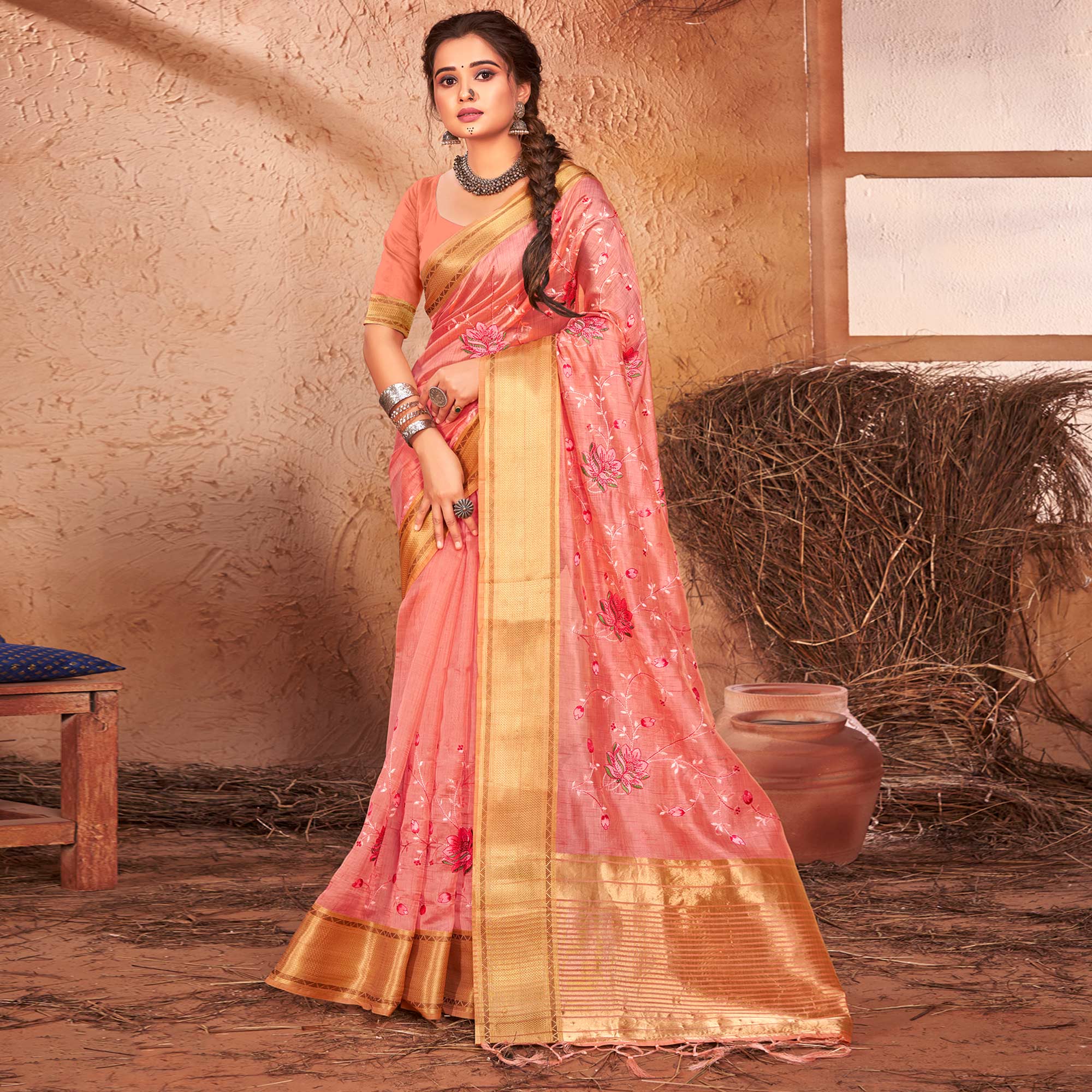 Pink Embroidered With Woven Border Organza Saree