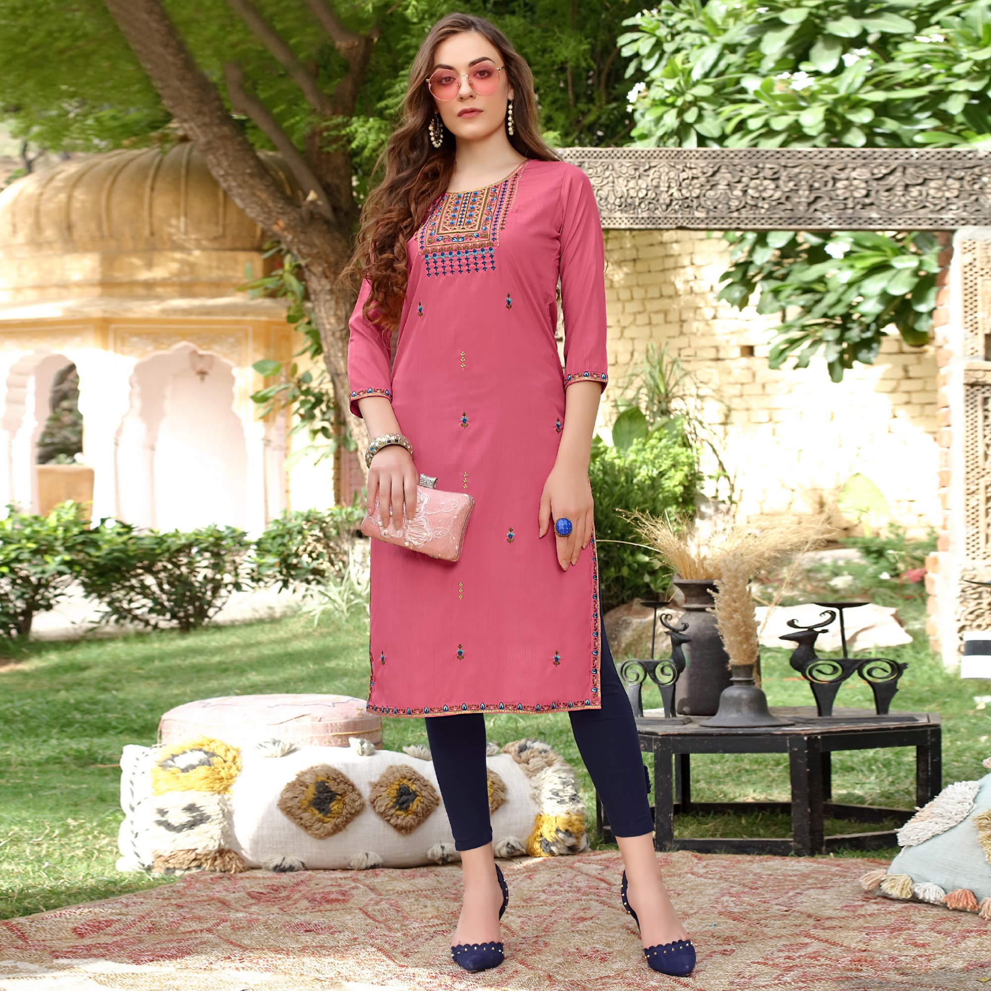 Pink Floral Embroidered Muslin Kurti