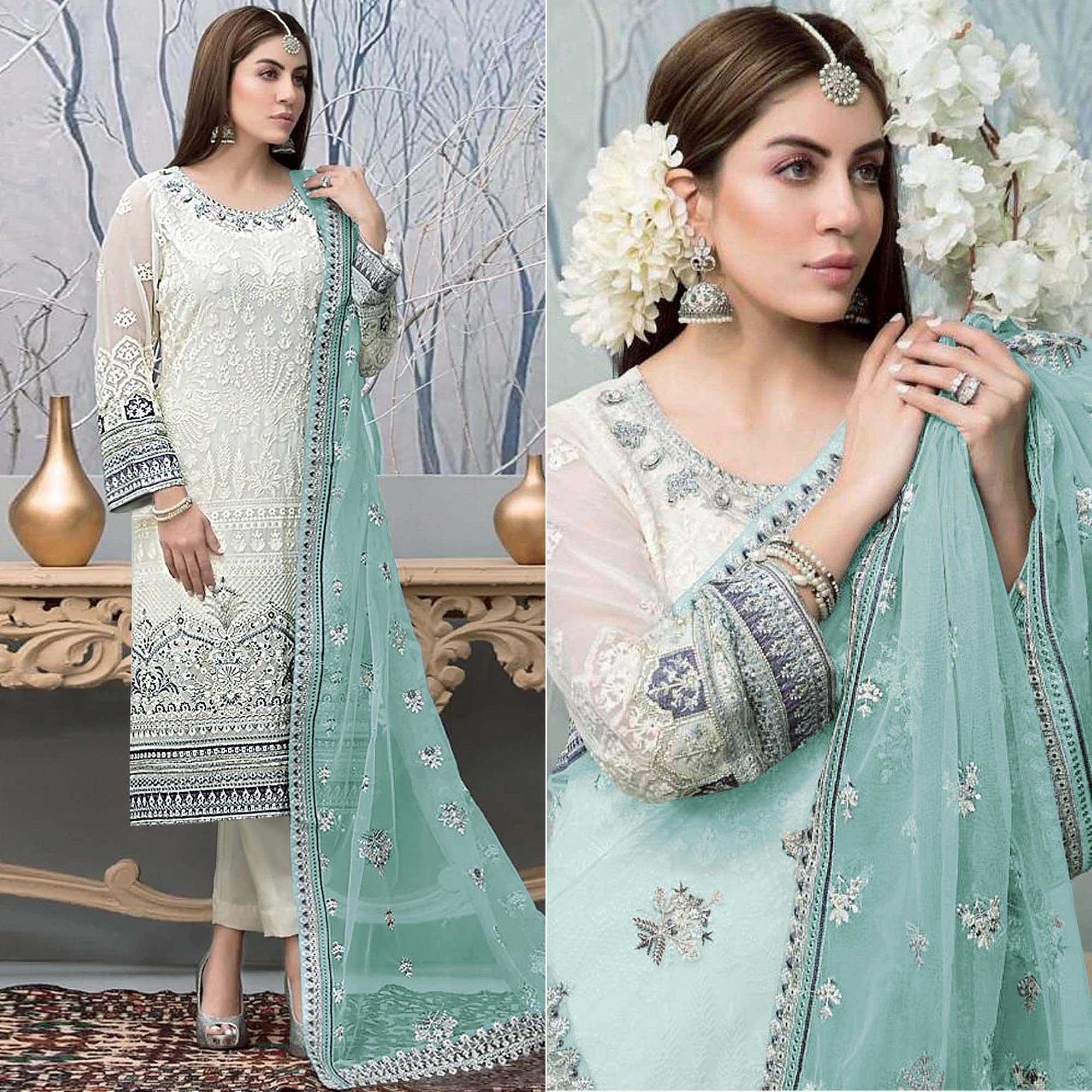 White Embroidered Georgette Pakistani Suit