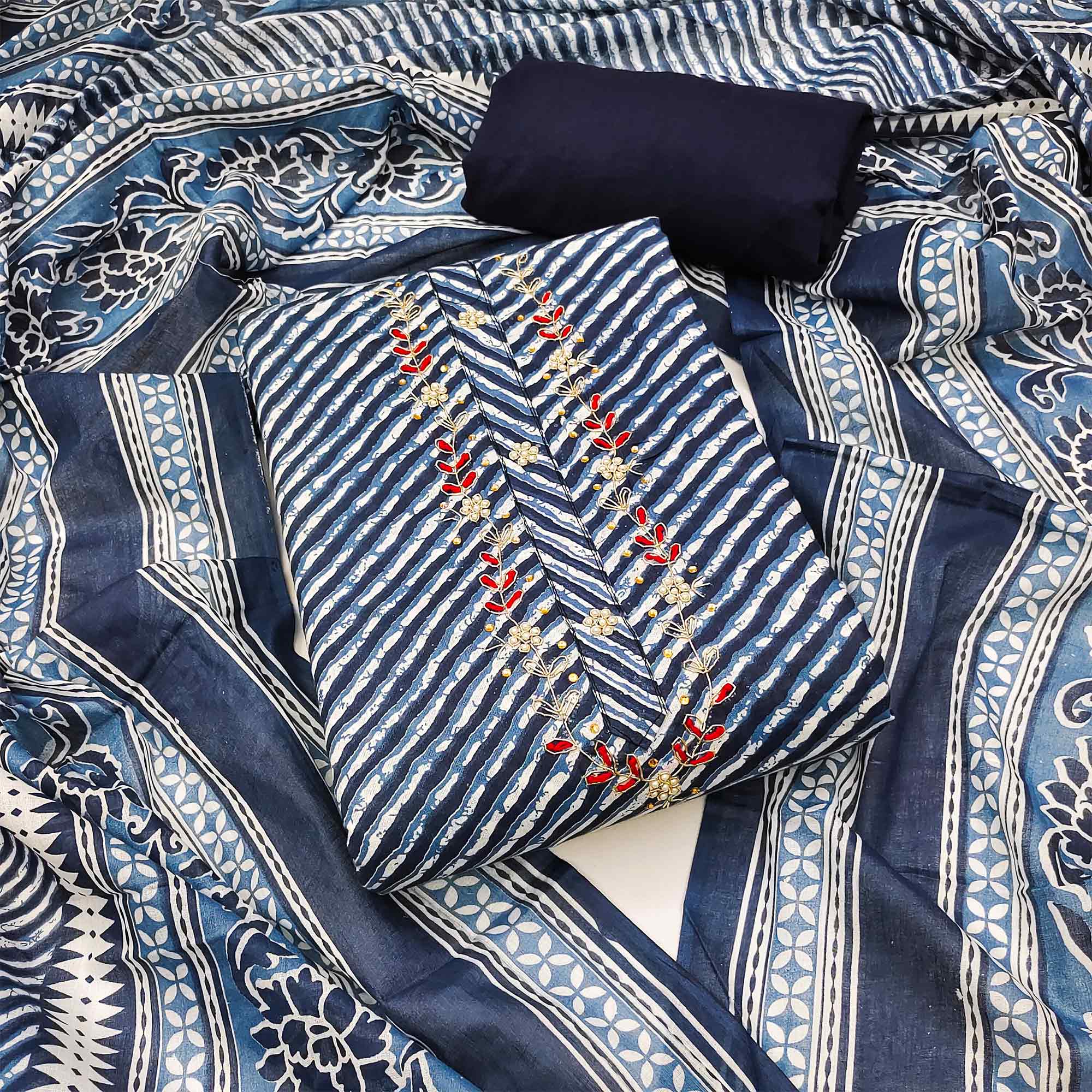 Blue Striped Printed Pure Cotton Dress Material
