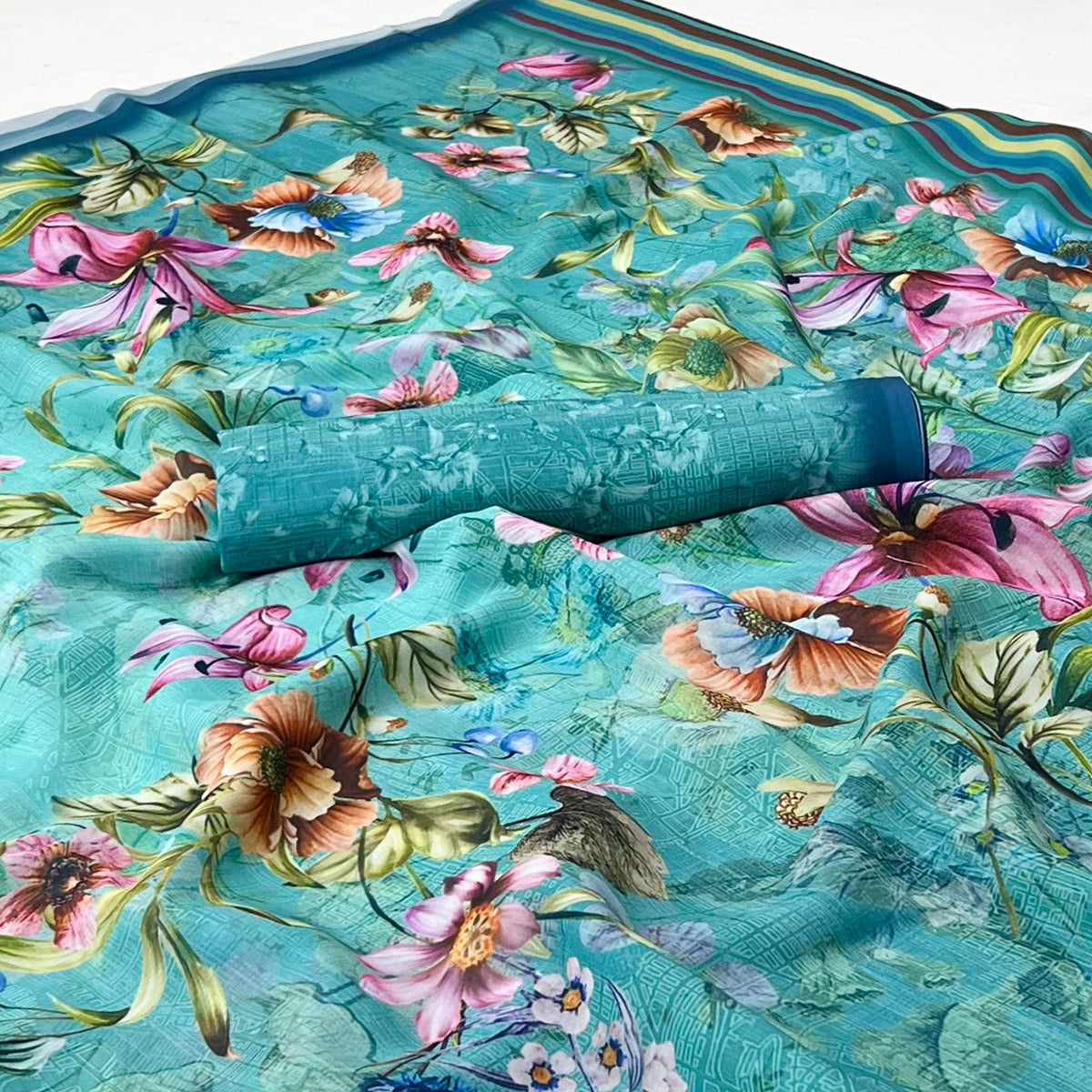 Blue Floral Digital Printed Georgette Saree