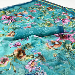 Blue Floral Digital Printed Georgette Saree