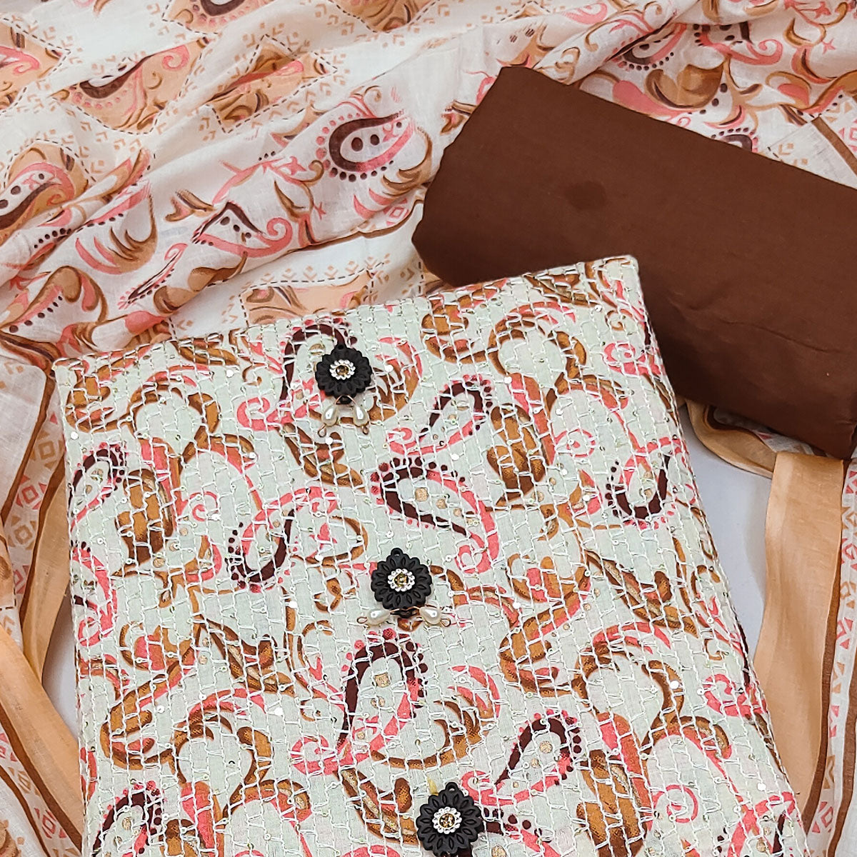Cream-Brown Printed & Embroidered Pure Cotton Dress Material