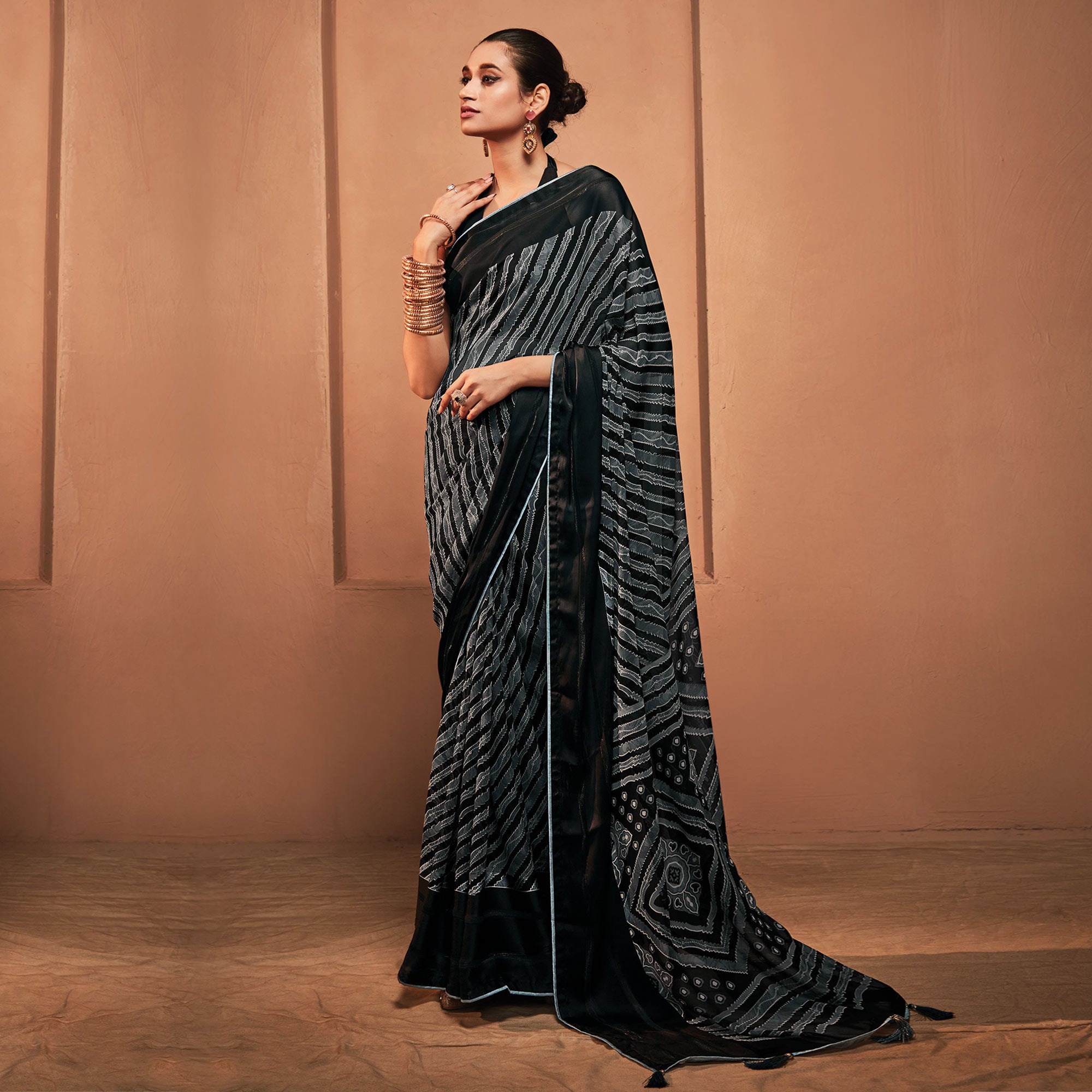 Black Printed Georgette Saree With Tassels