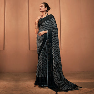 Black Printed Georgette Saree With Tassels