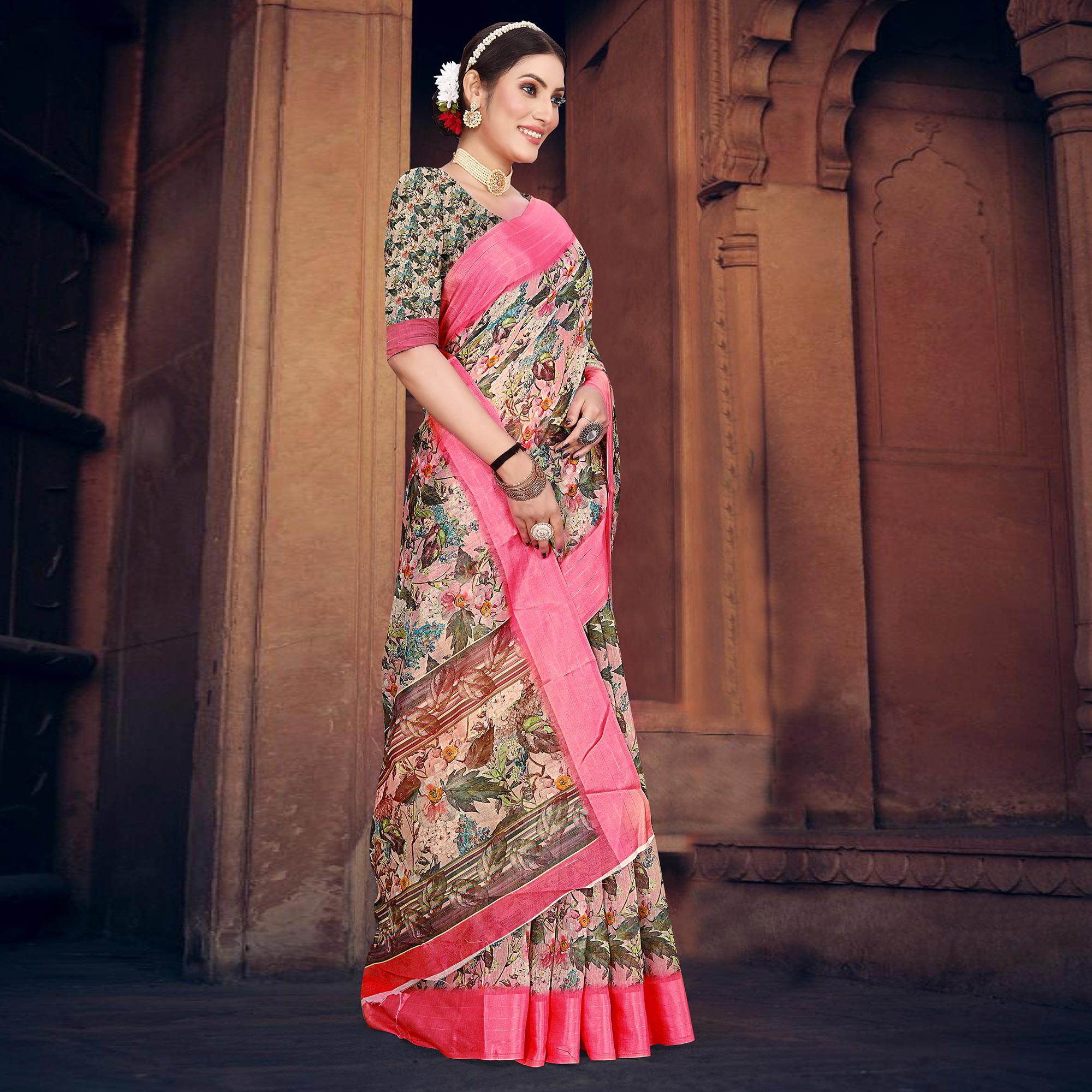 Light Pink Digital Printed Cotton Blend Saree