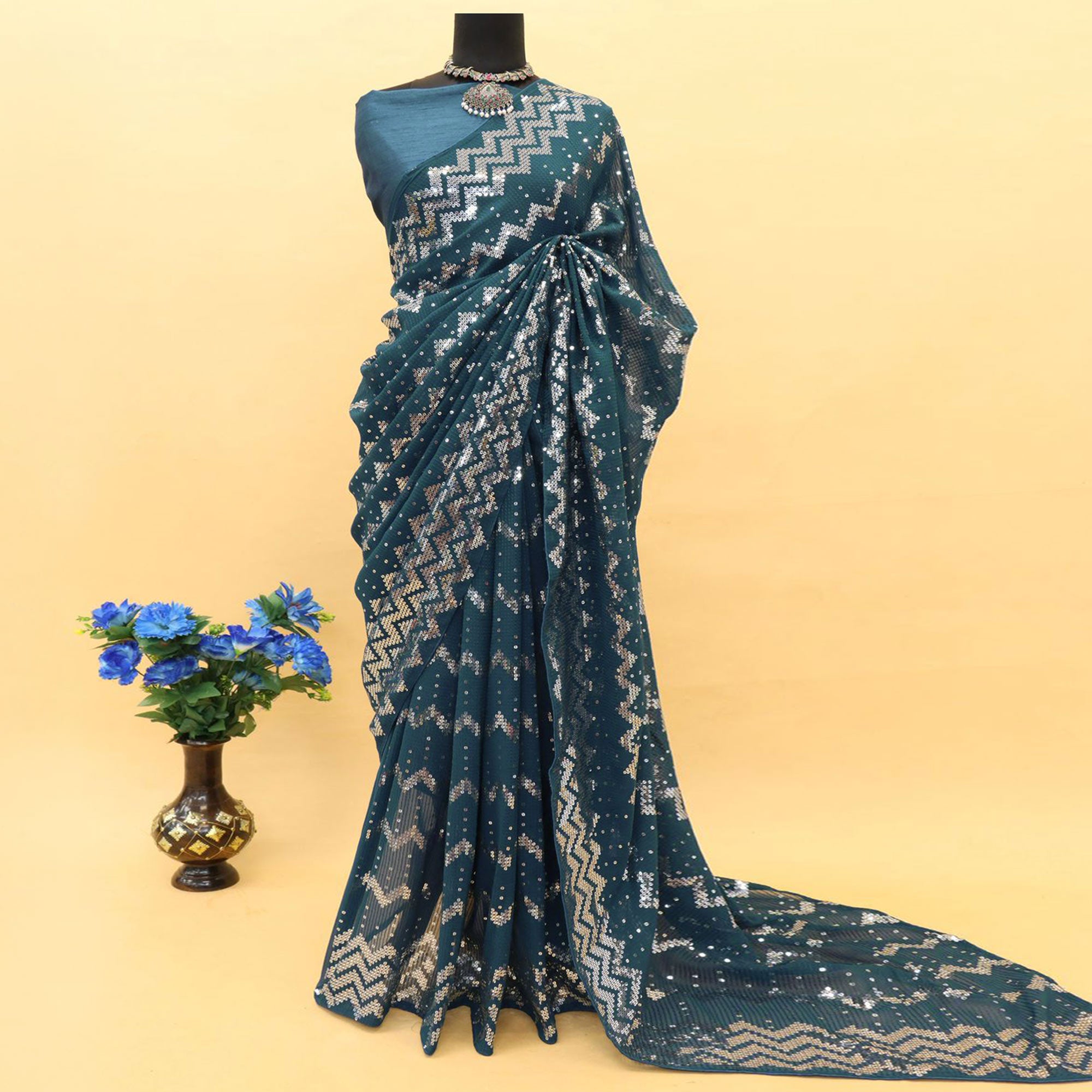 Morpich Sequins Embroidered Georgette Saree
