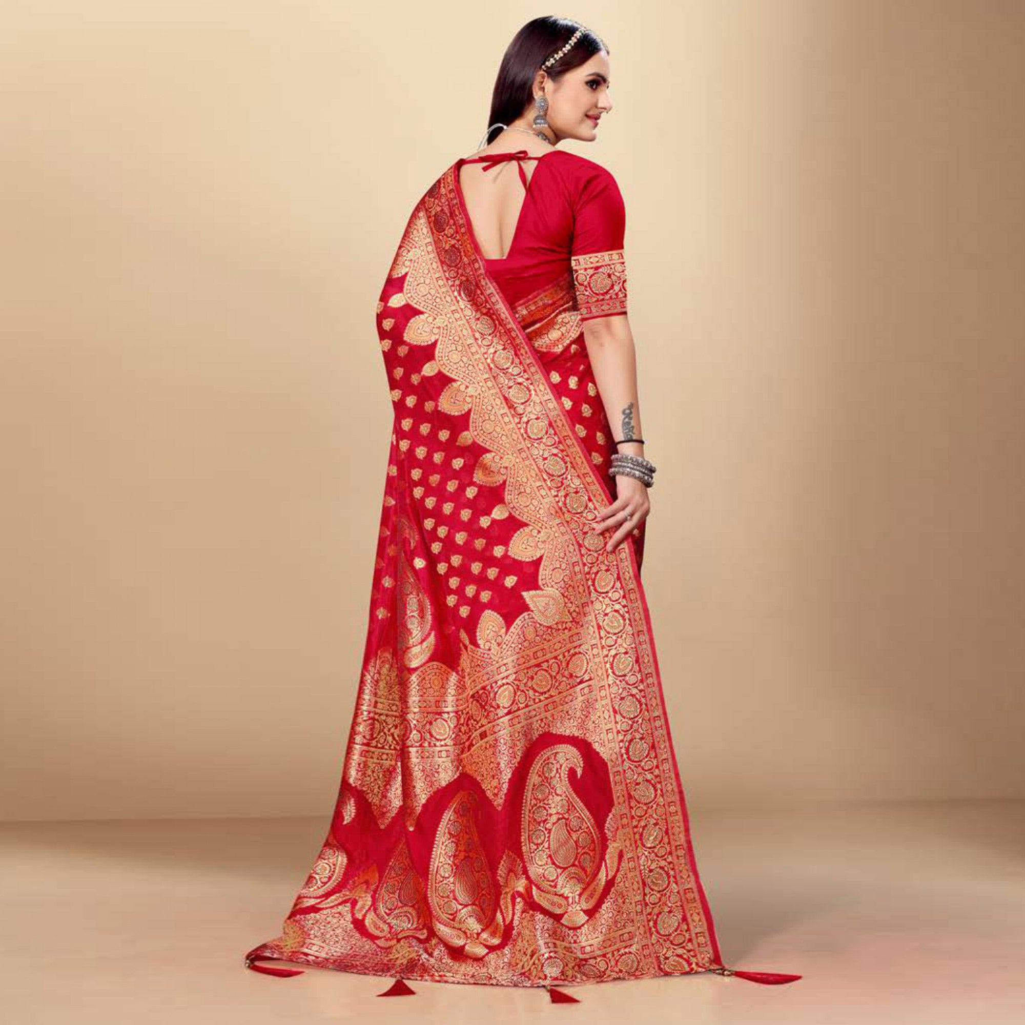 Red Woven Art Silk Saree With Tassels