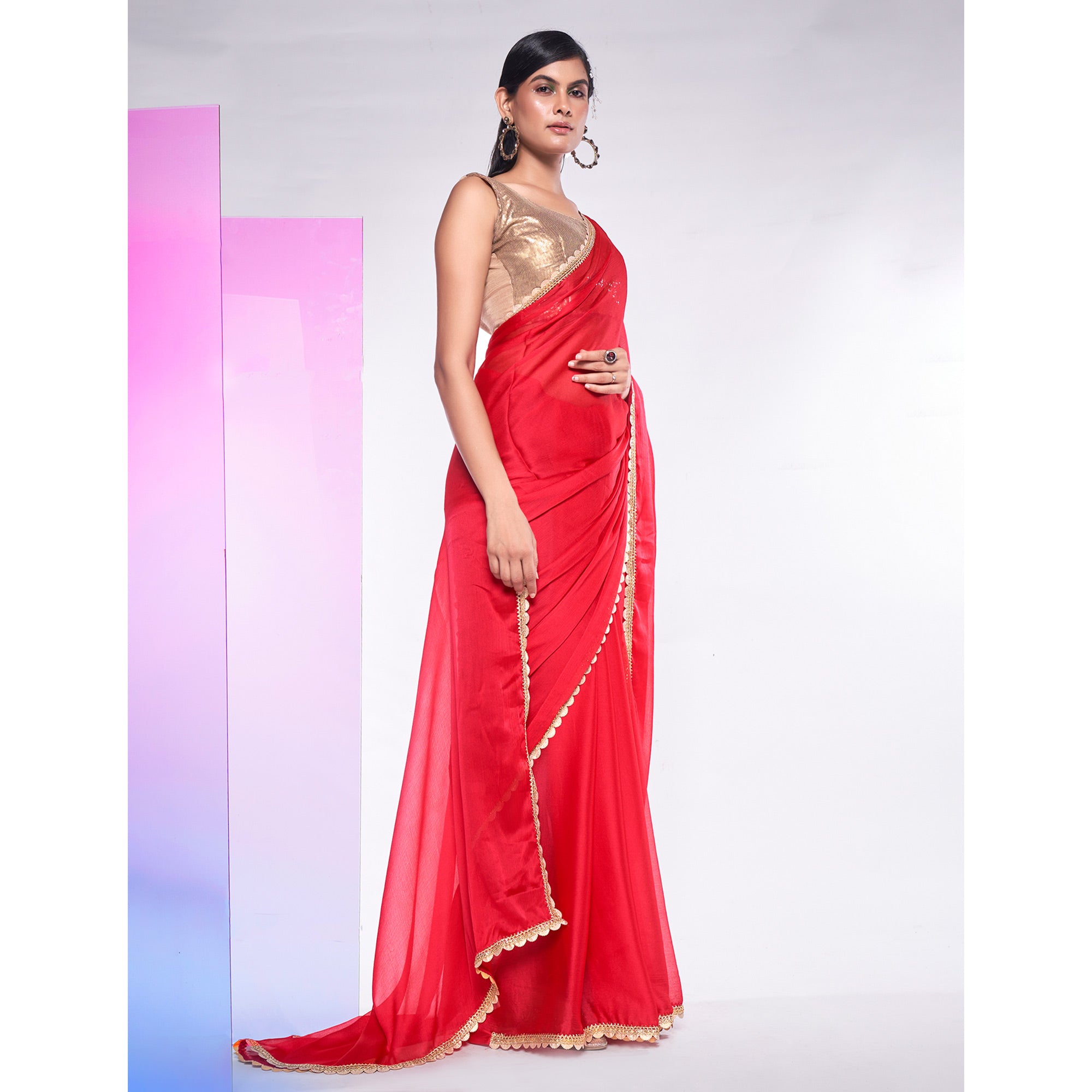 Pink Solid With Embroidered Border Georgette Saree