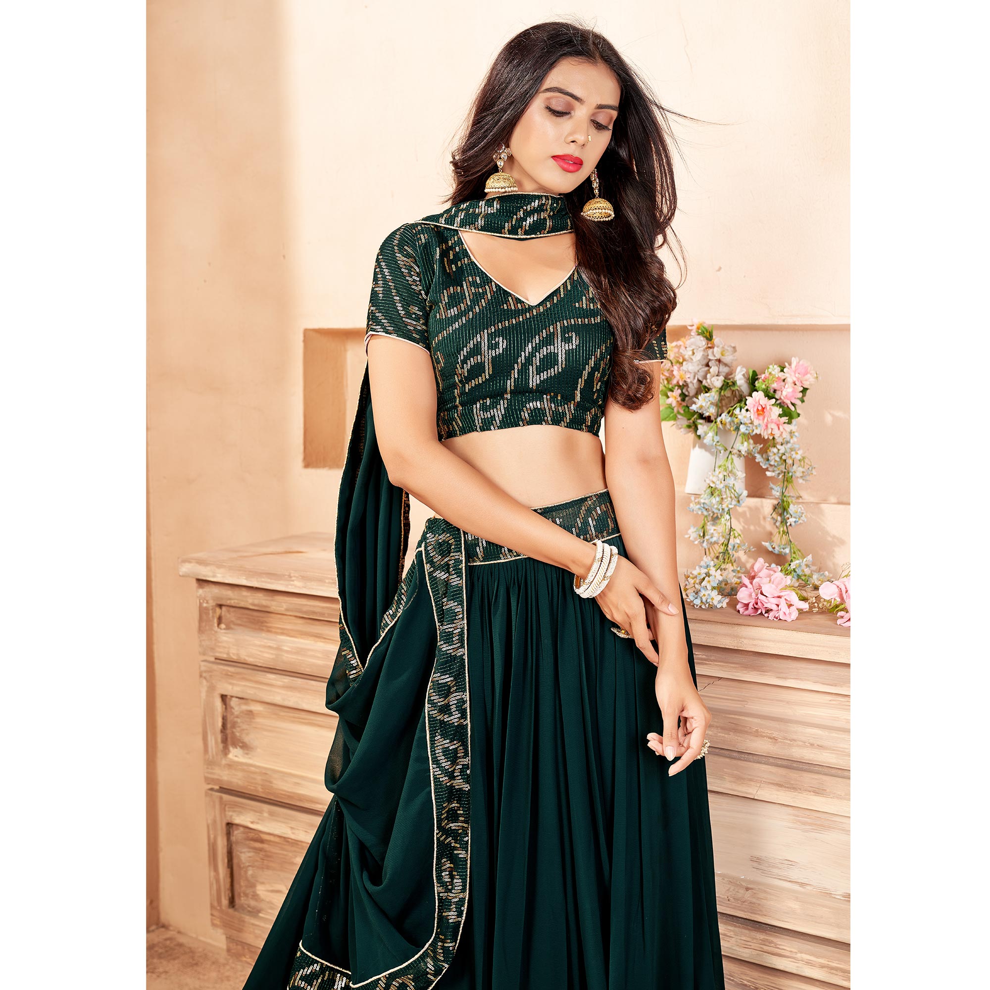 Dark Green Sequins Embroidered Georgette Lehenga Choli