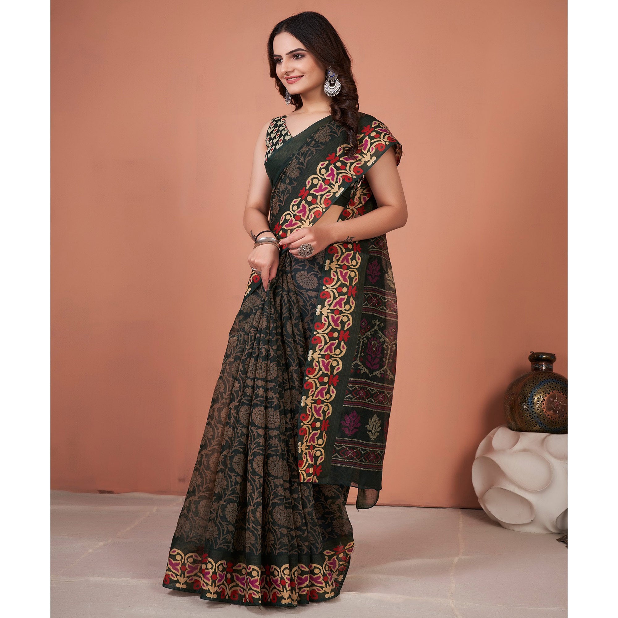 Green Floral Printed Cotton Saree With Tassels