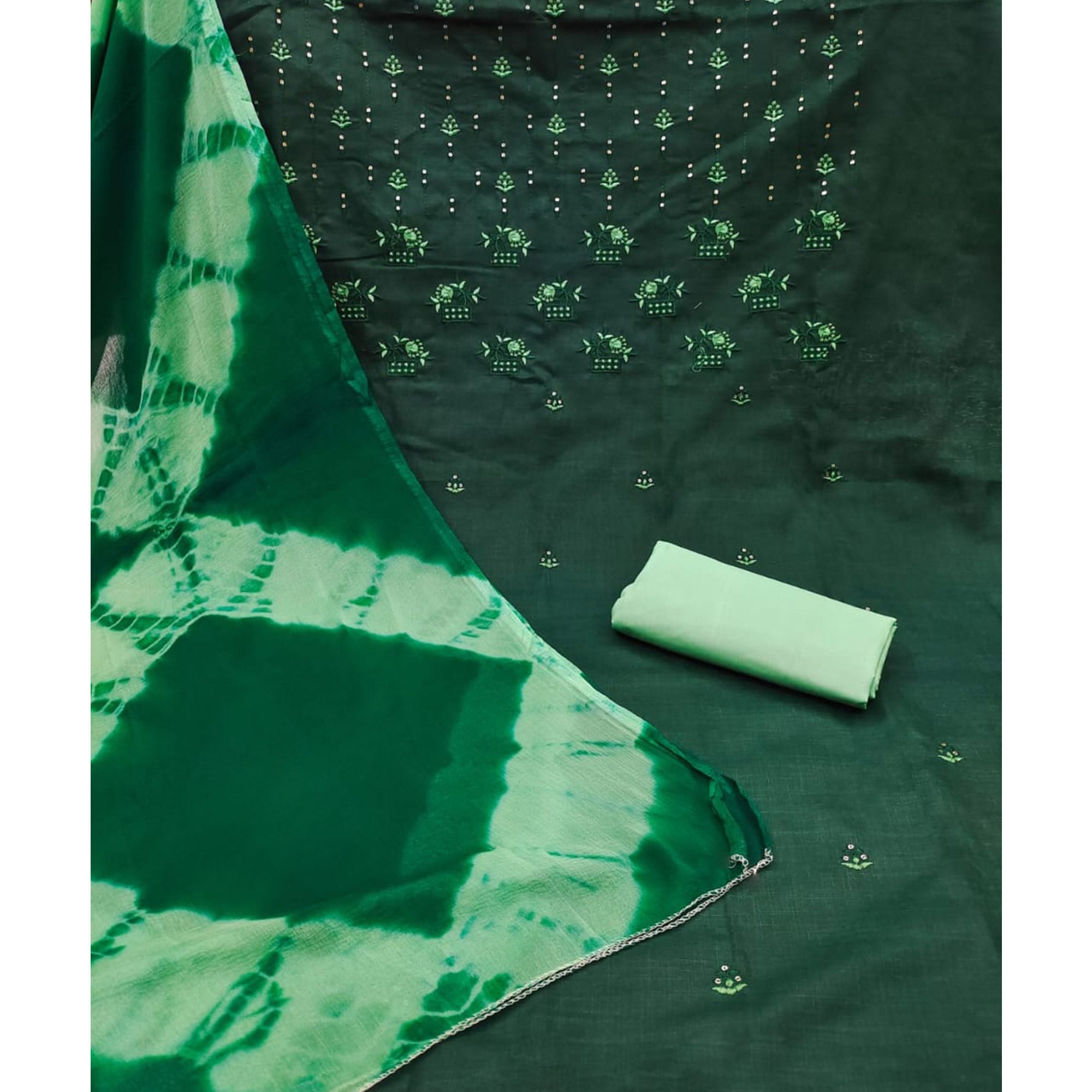 Bottle Green Floral Sequins Embroidered Cotton Blend Dress Material