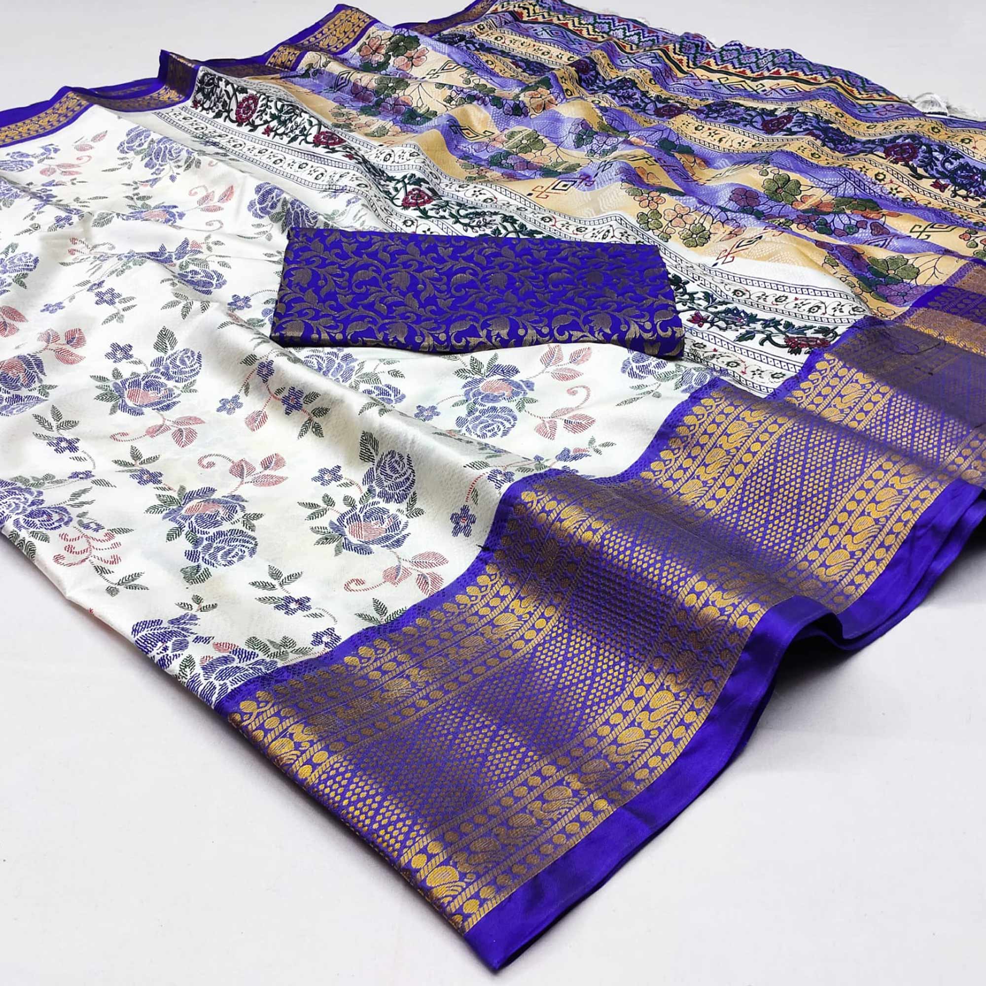 White And Royal Blue Floral Printed With Woven Cotton Silk Saree