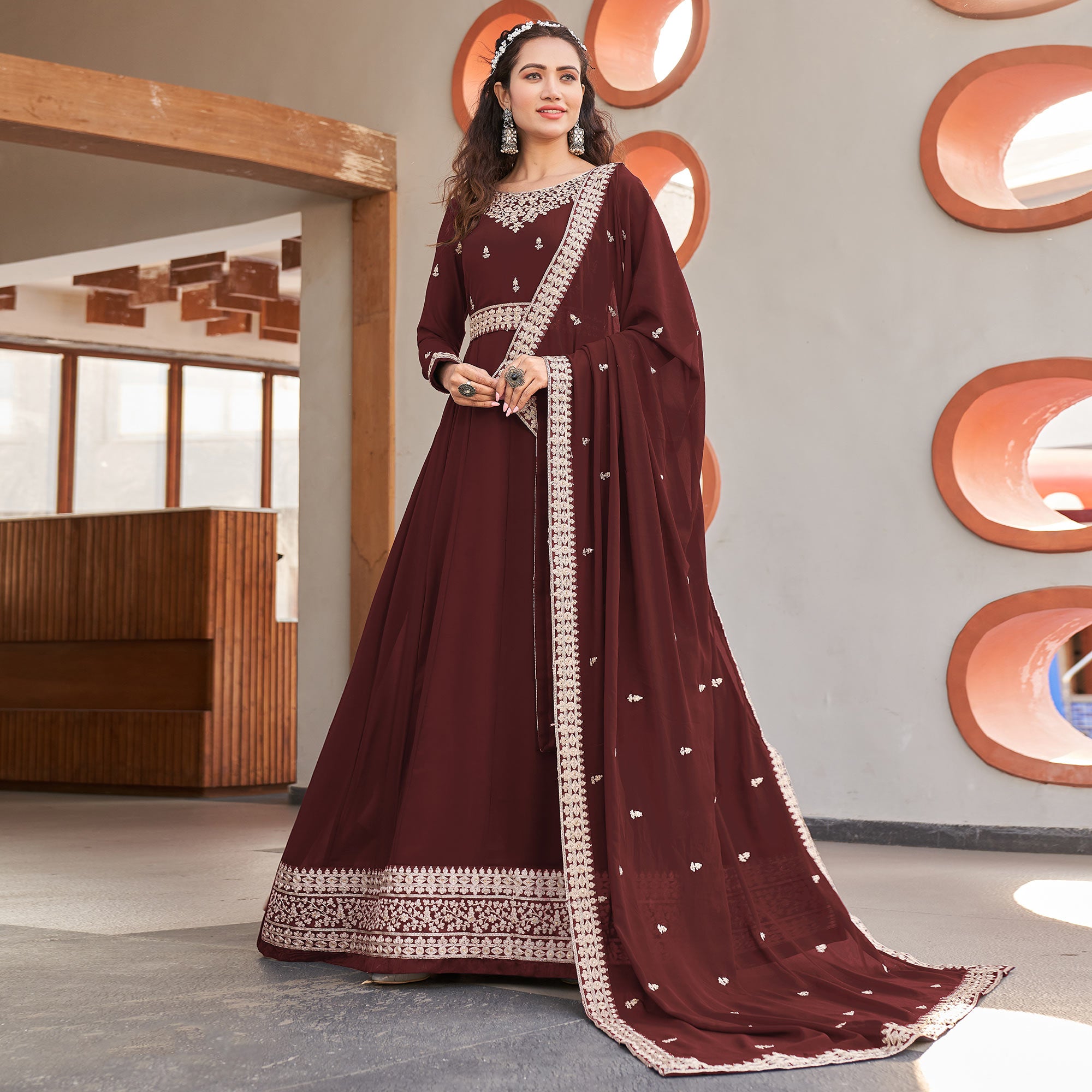 Coffee Brown Sequins Embroidered Georgette Anarkali Suit