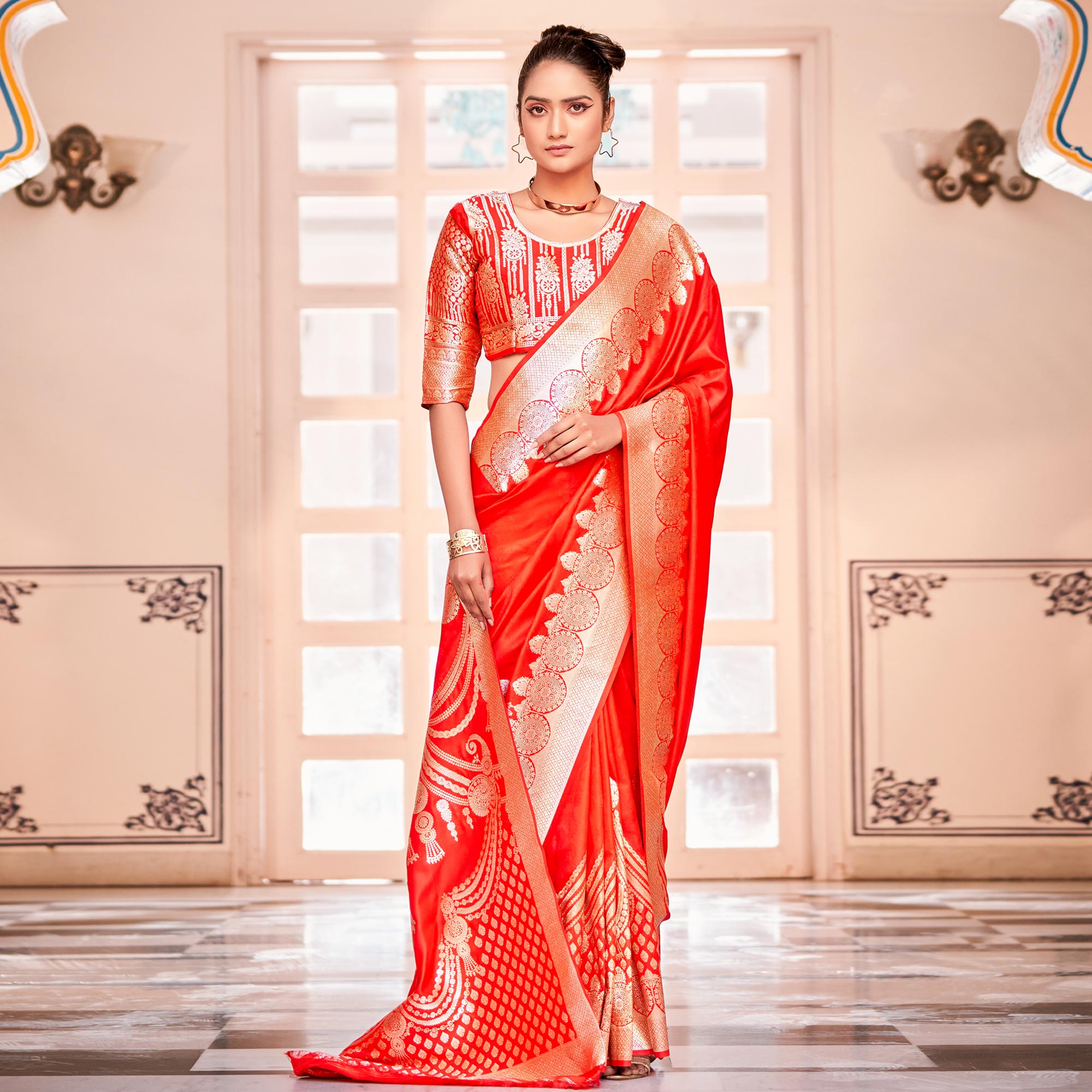 Red Woven Satin Saree