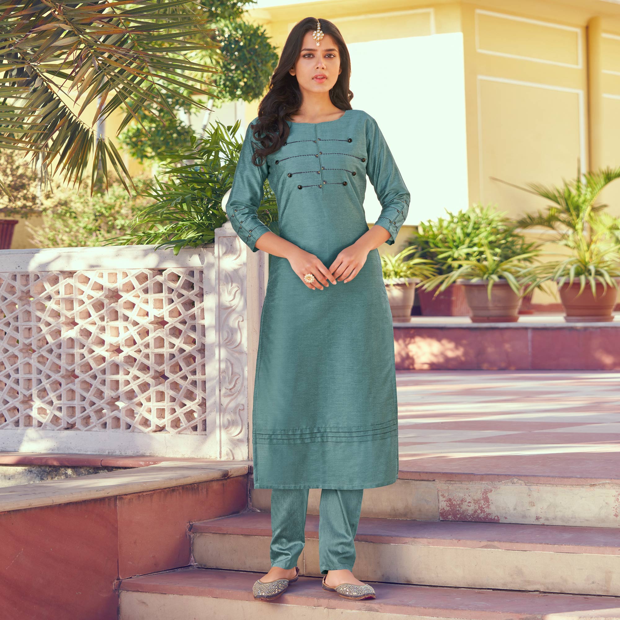 Green Embroidered Art Silk Kurti Pant Set