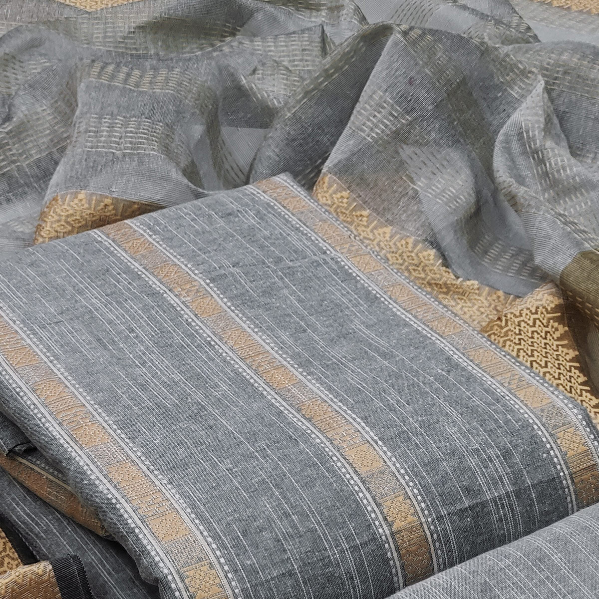 Grey Woven Cotton Blend Dress Material