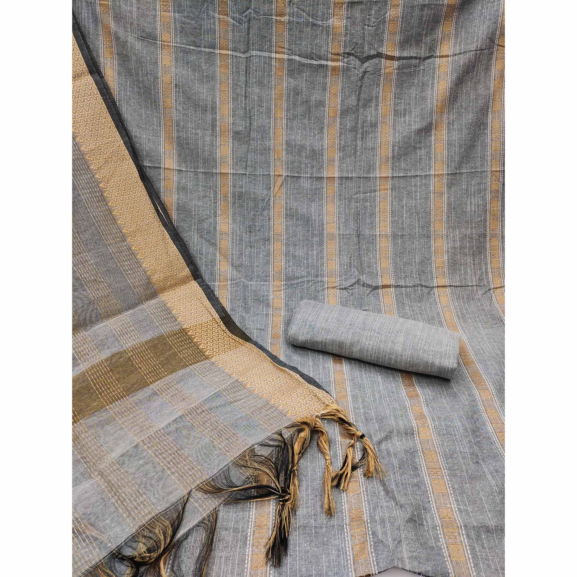 Grey Woven Cotton Blend Dress Material