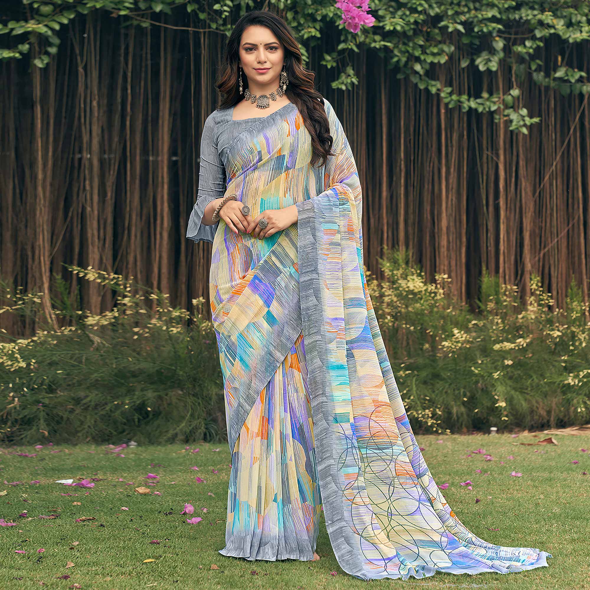 Grey Geometric Printed Georgette Saree