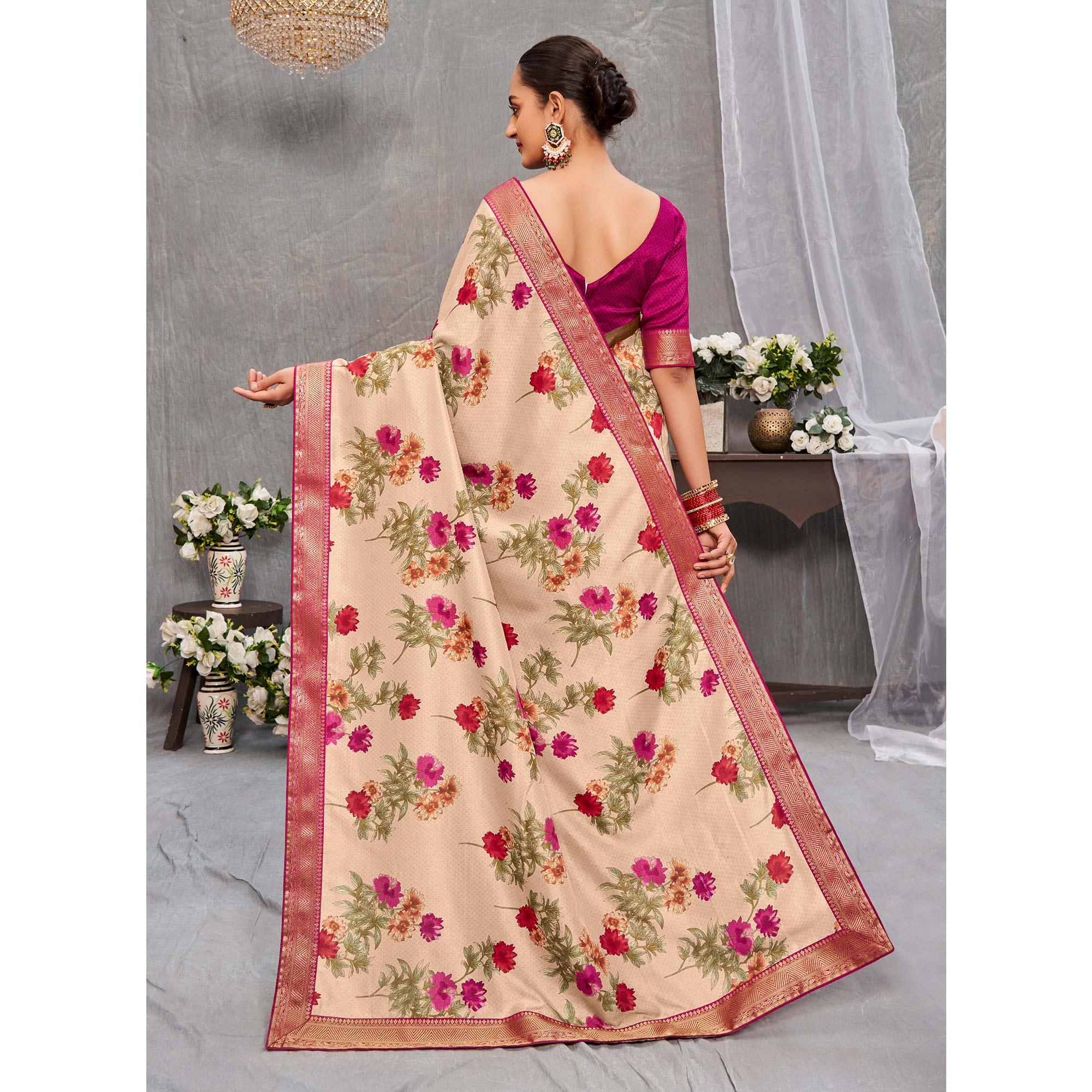 Beige Floral Printed Tussar Silk Saree